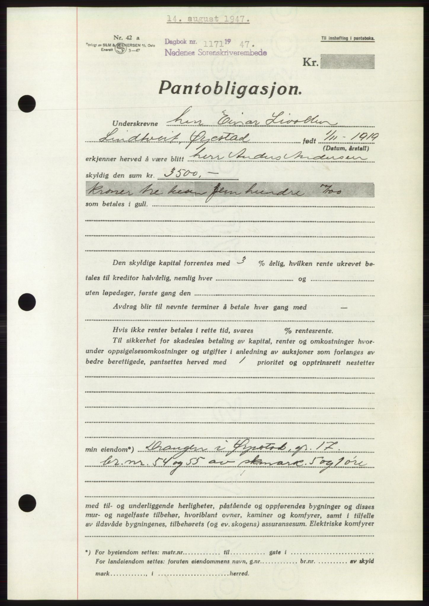 Nedenes sorenskriveri, AV/SAK-1221-0006/G/Gb/Gbb/L0004: Mortgage book no. B4, 1947-1947, Diary no: : 1171/1947