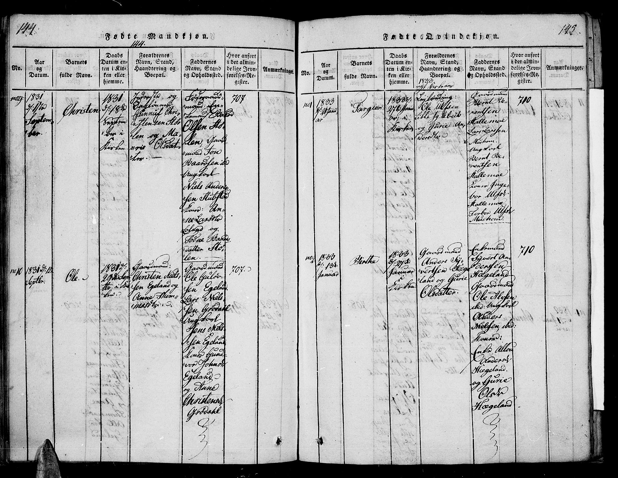 Vennesla sokneprestkontor, AV/SAK-1111-0045/Fa/Fac/L0003: Parish register (official) no. A 3, 1820-1834, p. 144-145