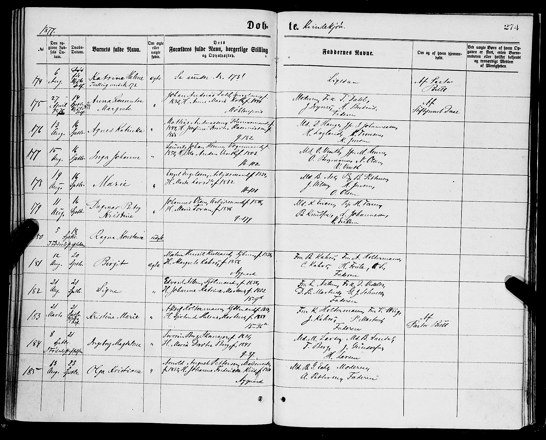 Domkirken sokneprestembete, SAB/A-74801/H/Haa/L0022: Parish register (official) no. B 5, 1872-1878, p. 274