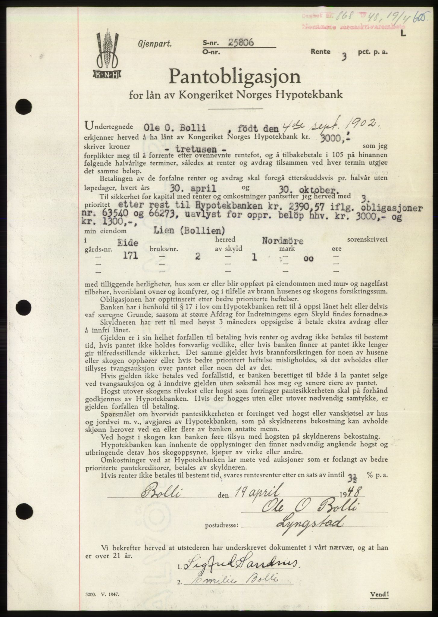 Nordmøre sorenskriveri, AV/SAT-A-4132/1/2/2Ca: Mortgage book no. B98, 1948-1948, Diary no: : 868/1948