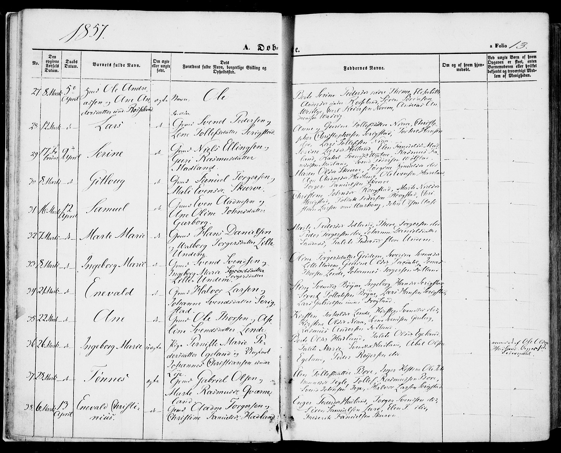 Lye sokneprestkontor, SAST/A-101794/001/30BA/L0007: Parish register (official) no. A 6, 1856-1871, p. 13