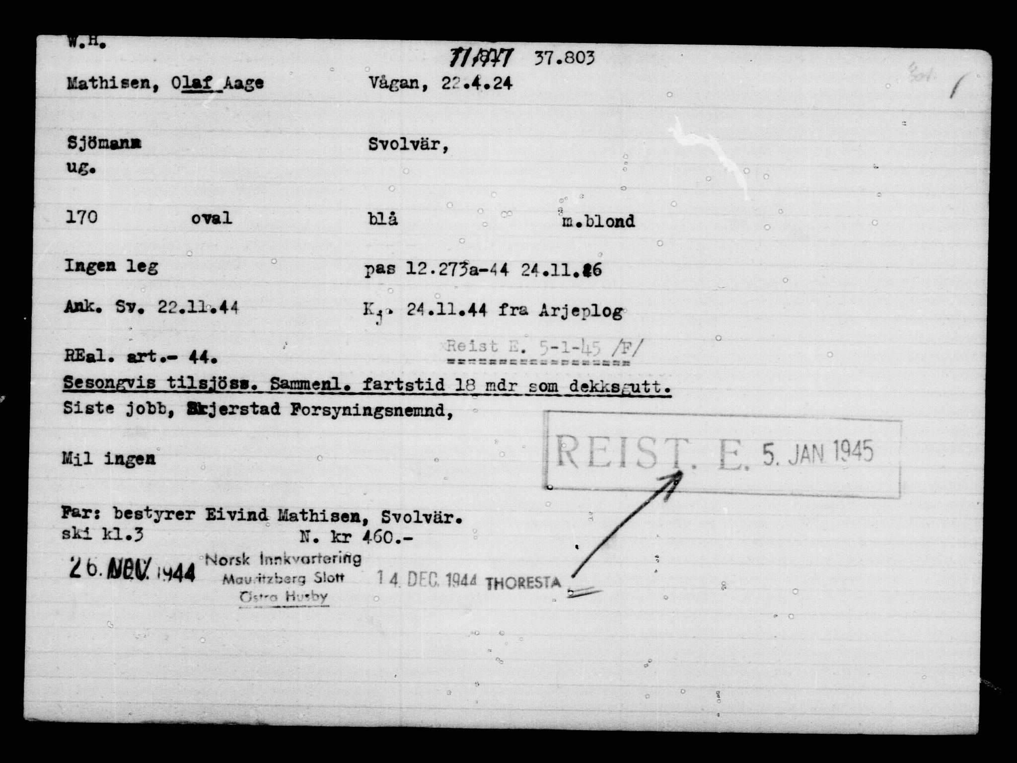 Utenriksstasjonene, Legasjonen i Stockholm, Flyktningkontoret, AV/RA-S-6753/V/Va/L0015: Kjesäterkartoteket, flyktning nr. 37800-40770, 1940-1945, p. 5