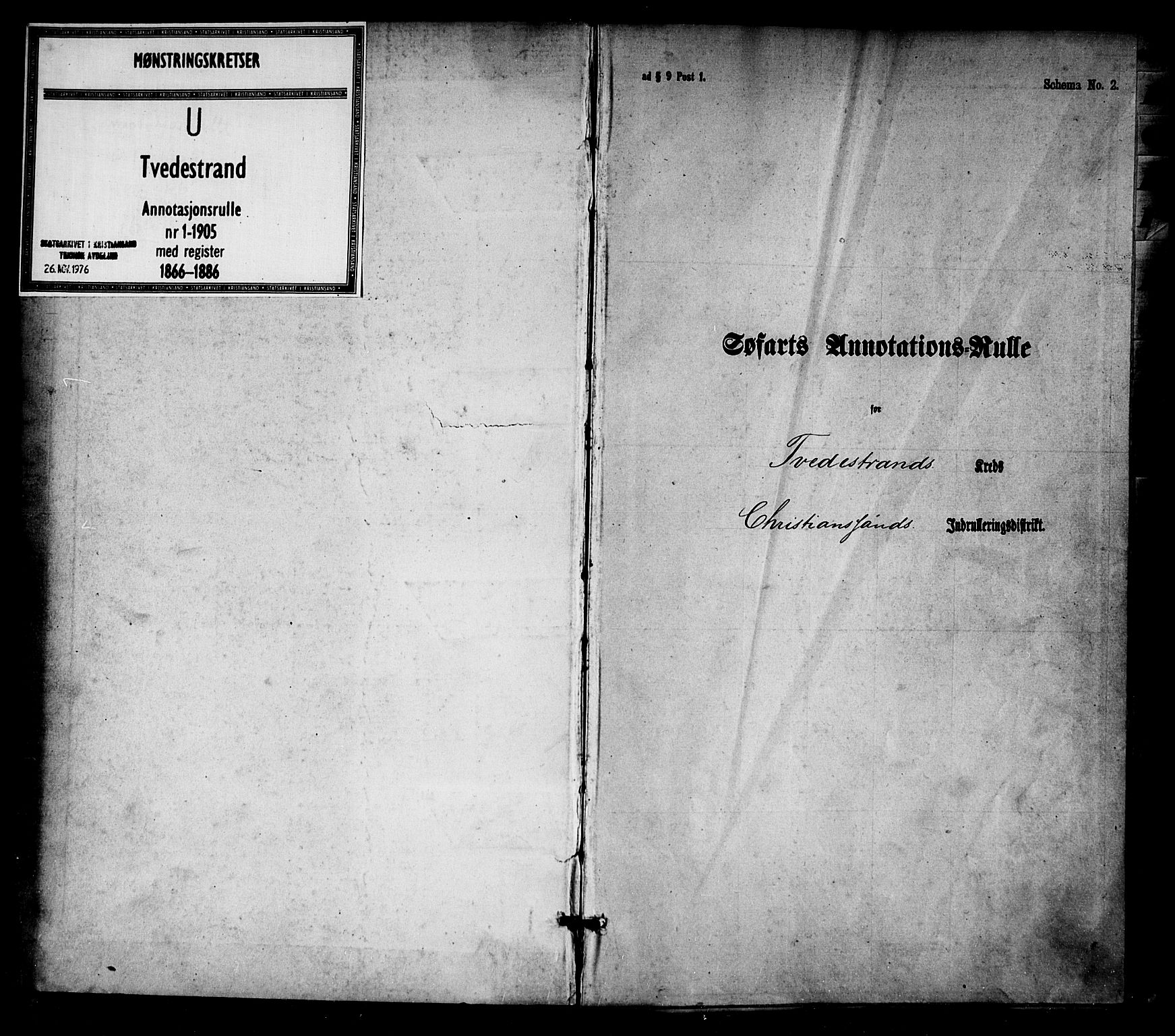 Tvedestrand mønstringskrets, SAK/2031-0011/F/Fa/L0003: Annotasjonsrulle nr 1-1905 med register, U-25, 1866-1886, p. 1