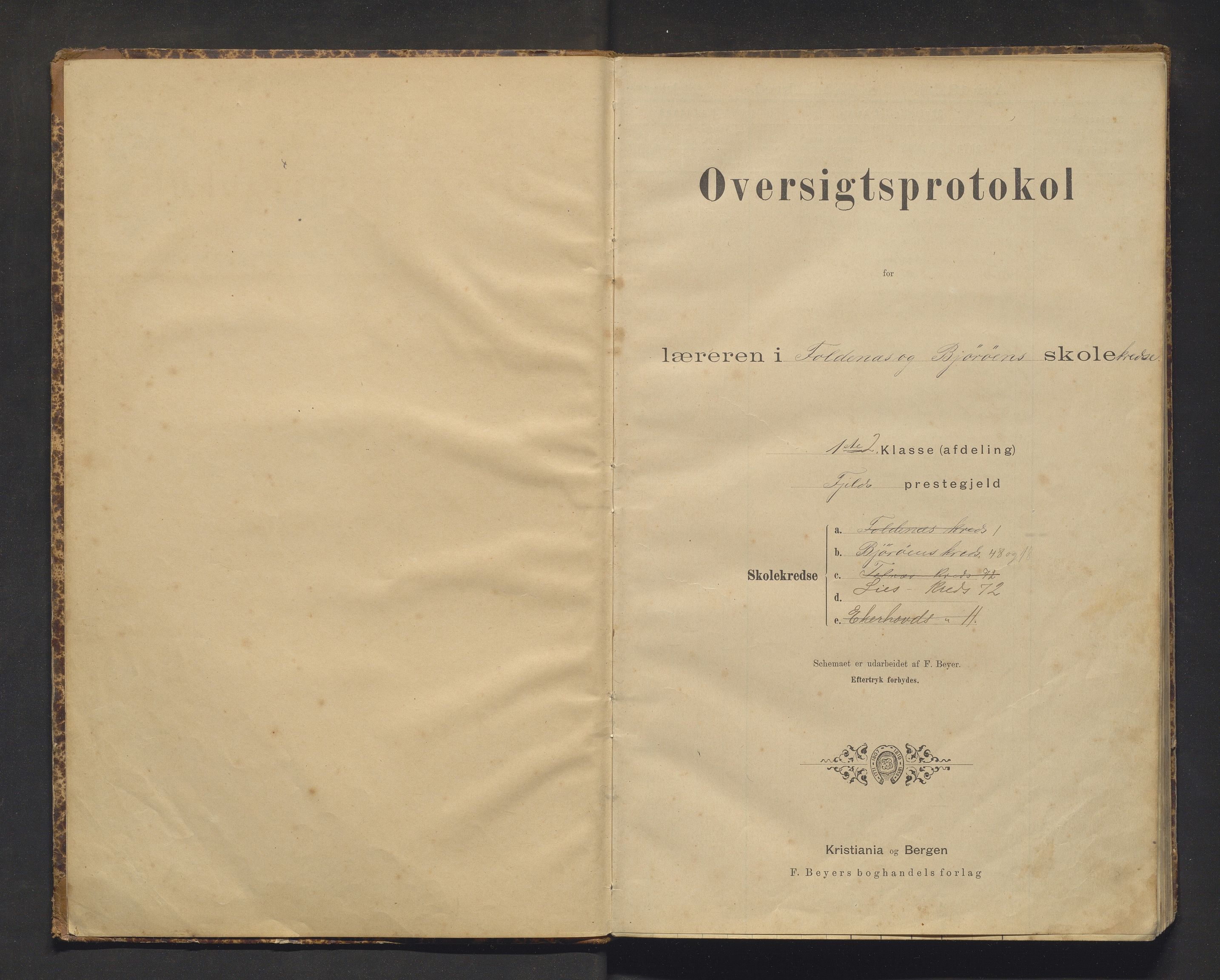 Fjell kommune. Barneskulane, IKAH/1246-231/F/Fg/L0001: Skuleprotokoll for Foldnes, Bjorøy, Telnes, Lie og Ekerhovd krinsar, 1892-1900