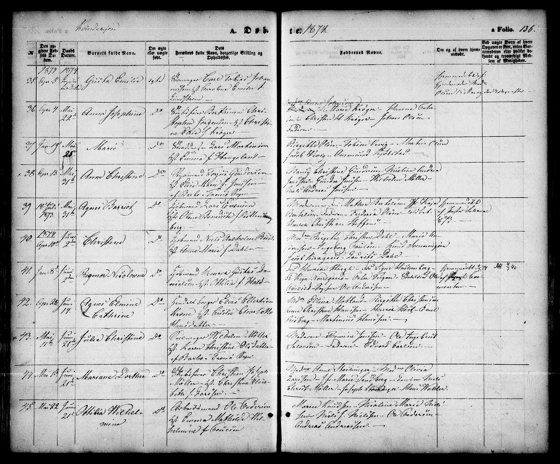 Arendal sokneprestkontor, Trefoldighet, SAK/1111-0040/F/Fa/L0007: Parish register (official) no. A 7, 1868-1878, p. 136