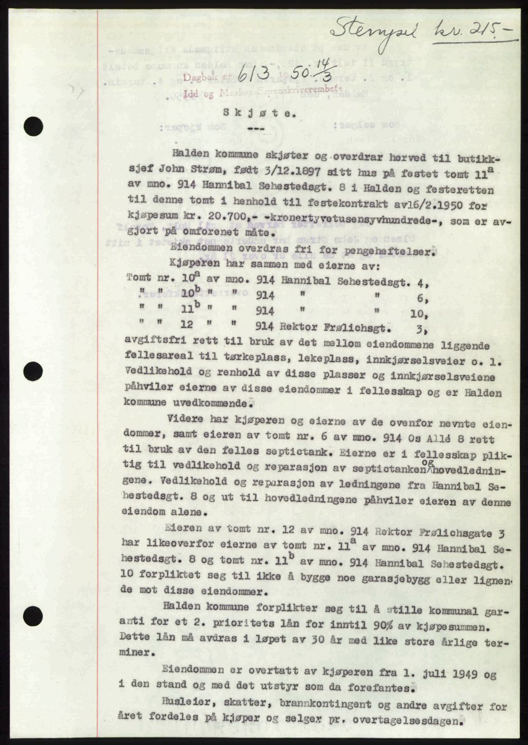 Idd og Marker sorenskriveri, AV/SAO-A-10283/G/Gb/Gbb/L0014: Mortgage book no. A14, 1950-1950, Diary no: : 613/1950