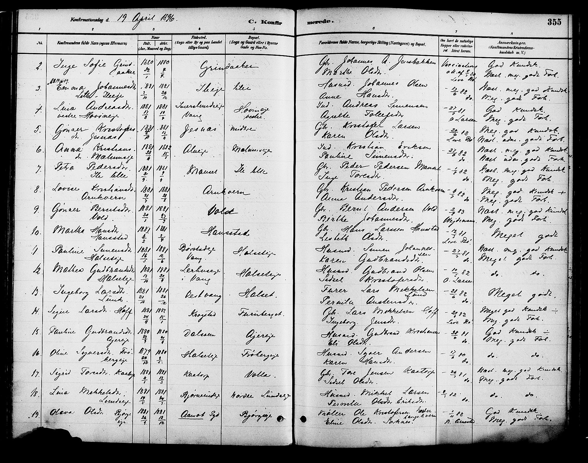 Vang prestekontor, Hedmark, SAH/PREST-008/H/Ha/Haa/L0018B: Parish register (official) no. 18B, 1880-1906, p. 355