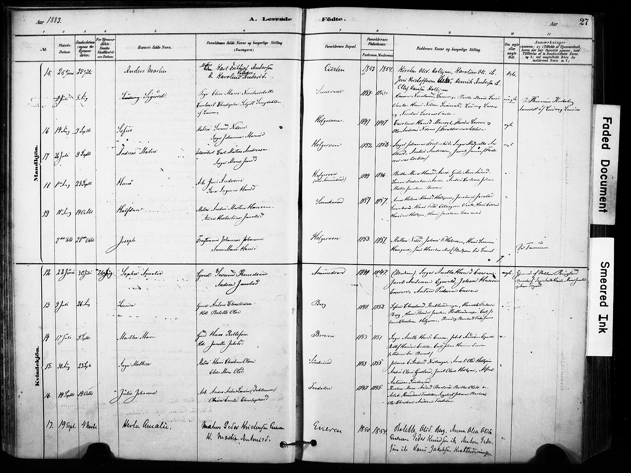 Brunlanes kirkebøker, AV/SAKO-A-342/F/Fb/L0001: Parish register (official) no. II 1, 1878-1899, p. 27