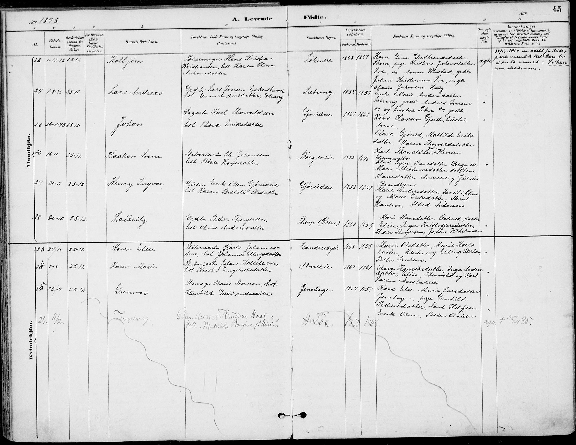 Haug kirkebøker, AV/SAKO-A-604/F/Fa/L0001: Parish register (official) no. 1, 1885-1917, p. 45
