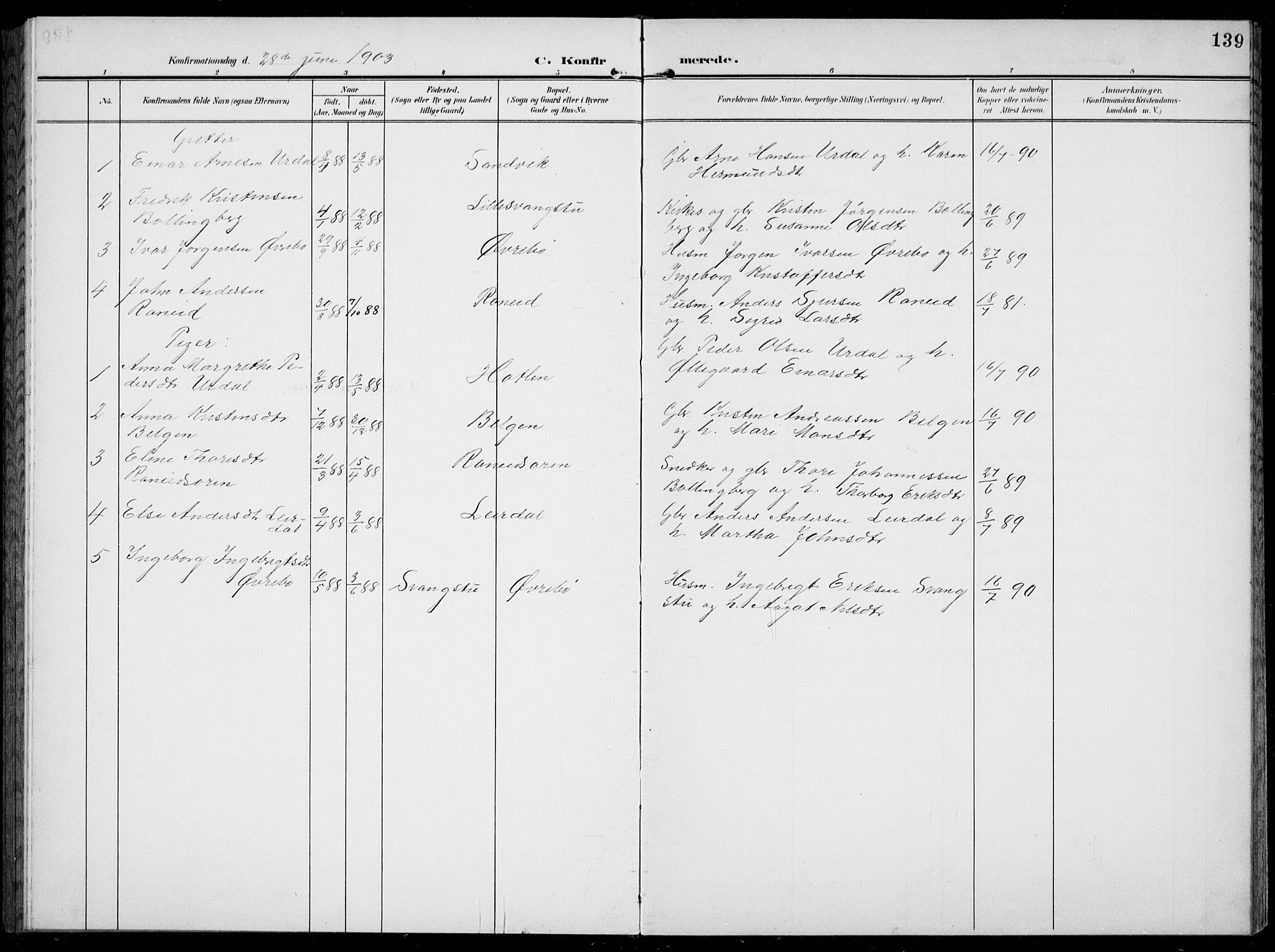 Jostedal sokneprestembete, AV/SAB-A-80601/H/Hab/Habc/L0001: Parish register (copy) no. C 1, 1903-1939, p. 139