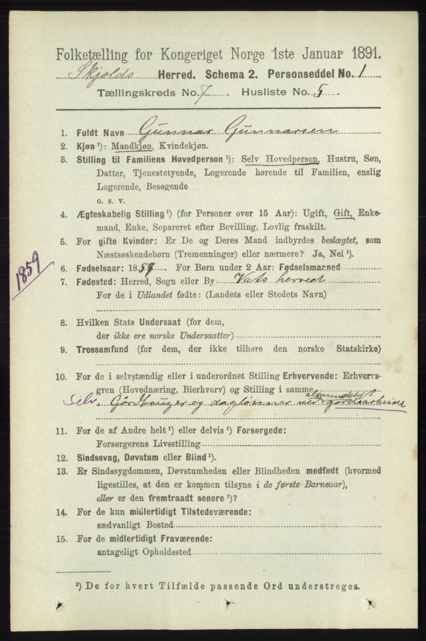 RA, 1891 census for 1154 Skjold, 1891, p. 1365