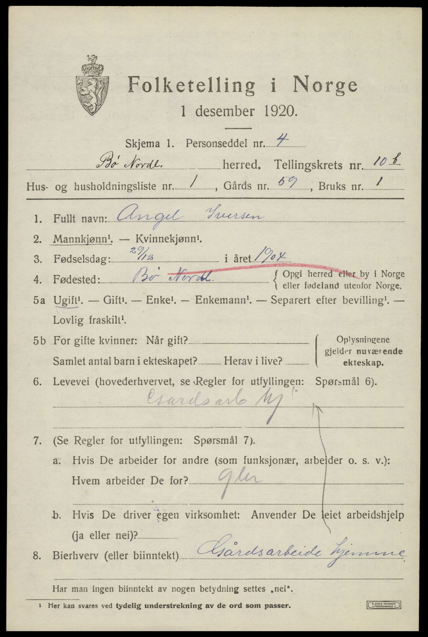 SAT, 1920 census for Bø, 1920, p. 9558