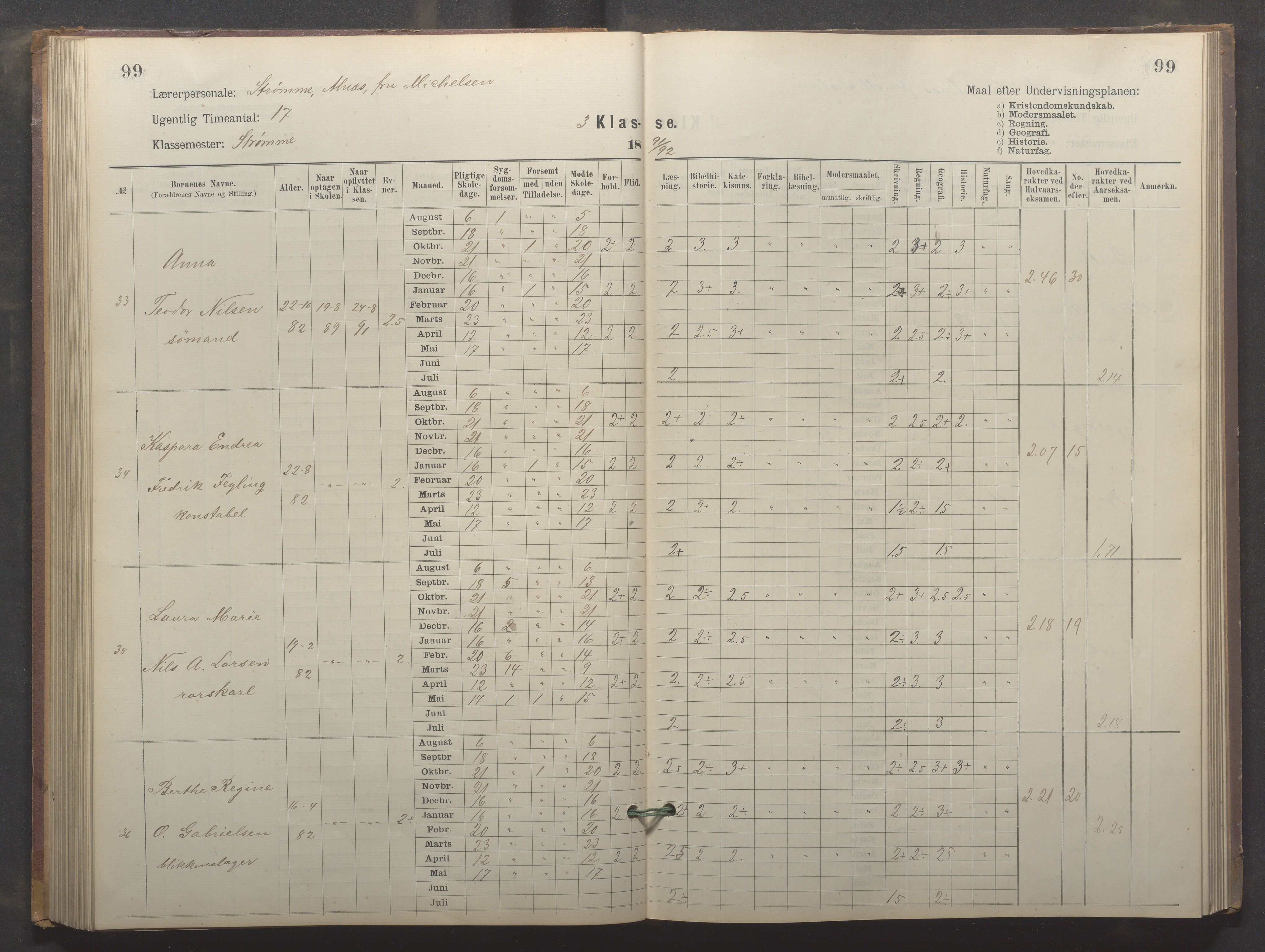 Egersund kommune (Ladested) - Egersund almueskole/folkeskole, IKAR/K-100521/H/L0024: Skoleprotokoll - Almueskolen, 3. klasse, 1887-1892, p. 99
