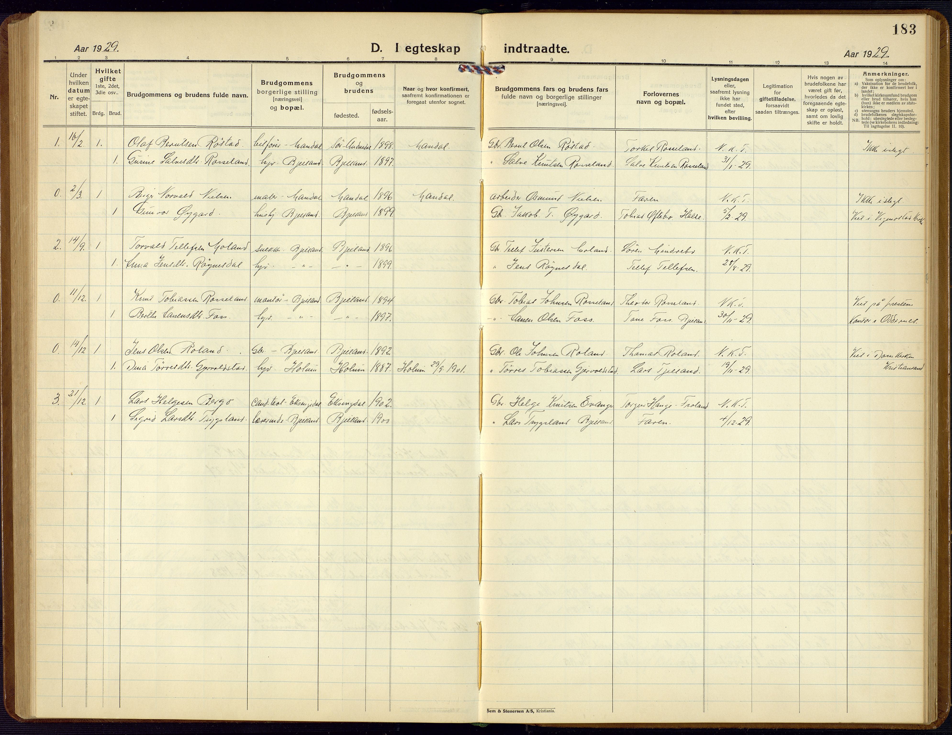 Bjelland sokneprestkontor, SAK/1111-0005/F/Fb/Fba/L0006: Parish register (copy) no. B 6, 1923-1956, p. 183