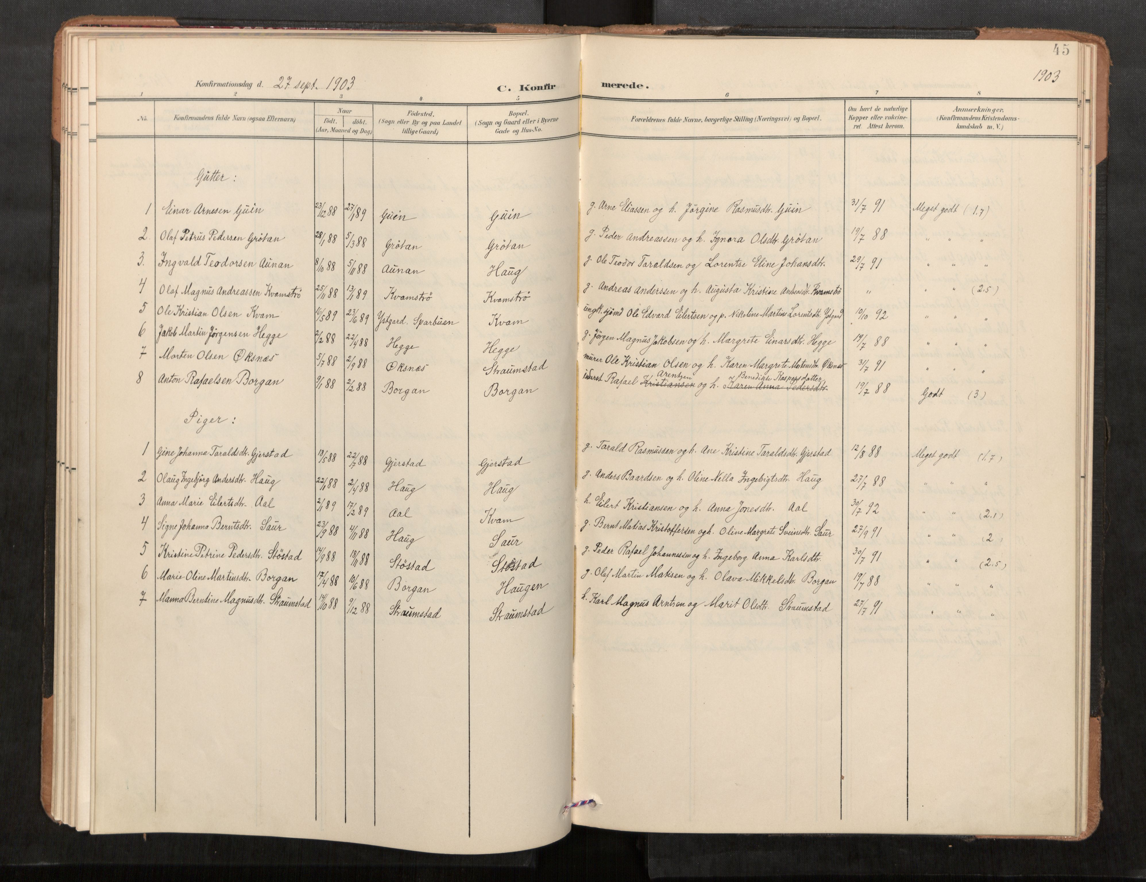 Stod sokneprestkontor, SAT/A-1164/1/I/I1/I1a/L0001: Parish register (official) no. 1, 1900-1912, p. 45