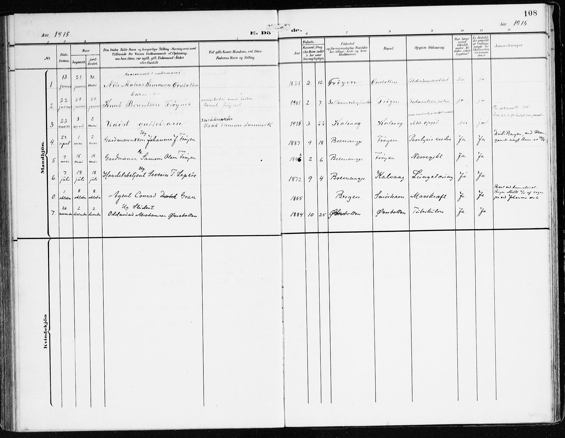 Bremanger sokneprestembete, SAB/A-82201/H/Haa/Haab/L0003: Parish register (official) no. B 3, 1908-1925, p. 108