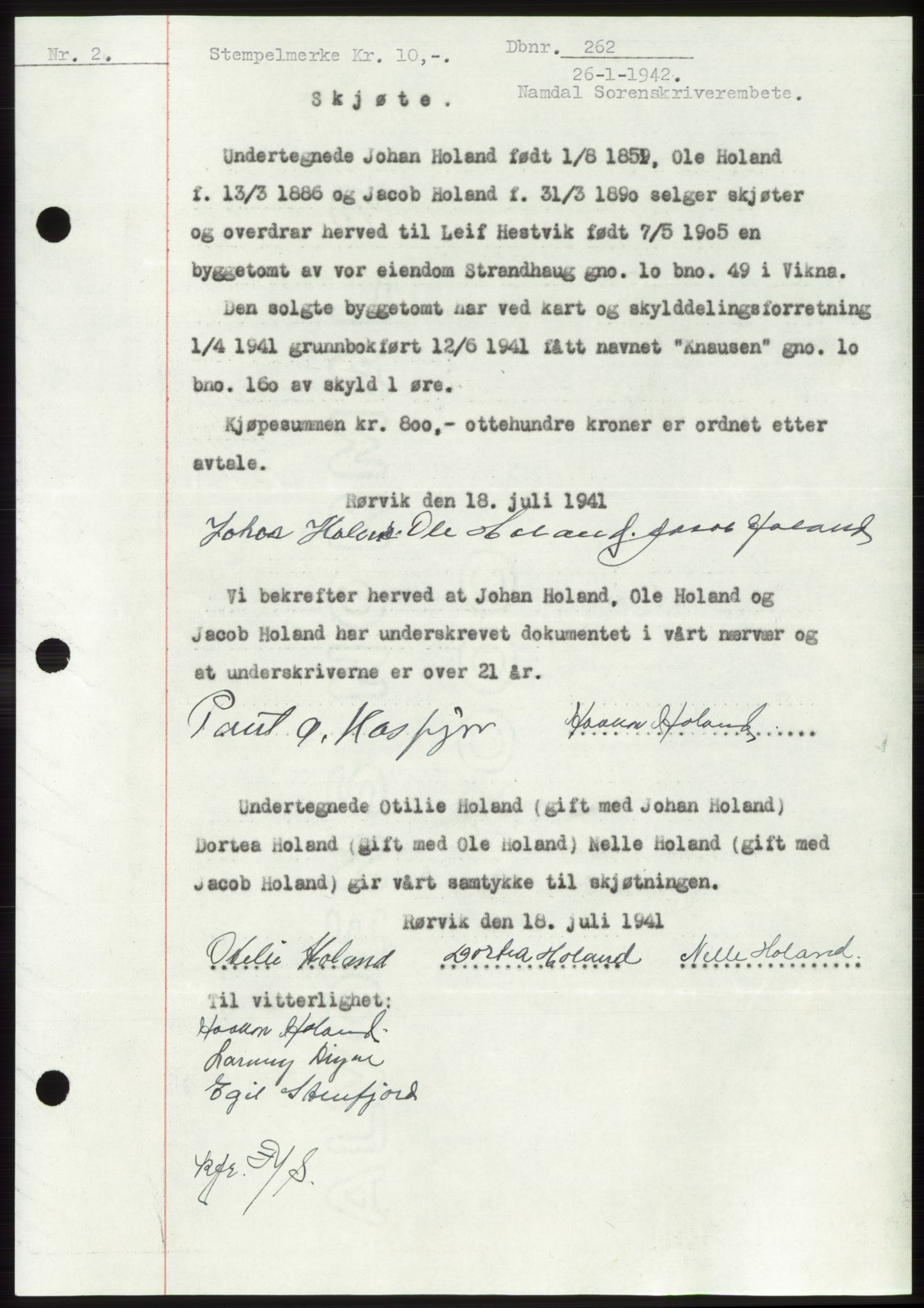 Namdal sorenskriveri, SAT/A-4133/1/2/2C: Mortgage book no. -, 1941-1942, Diary no: : 262/1942