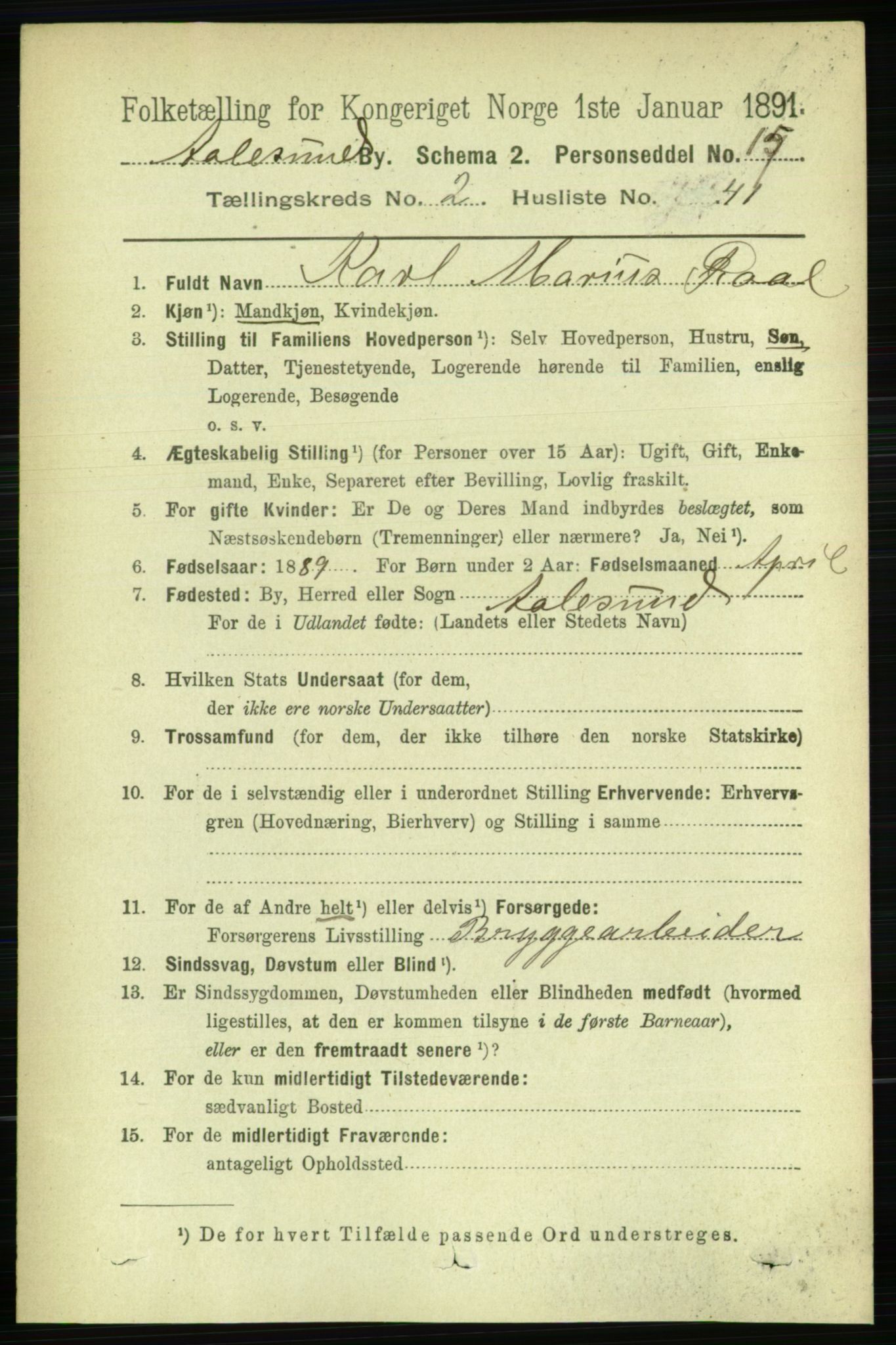 RA, 1891 census for 1501 Ålesund, 1891, p. 2263