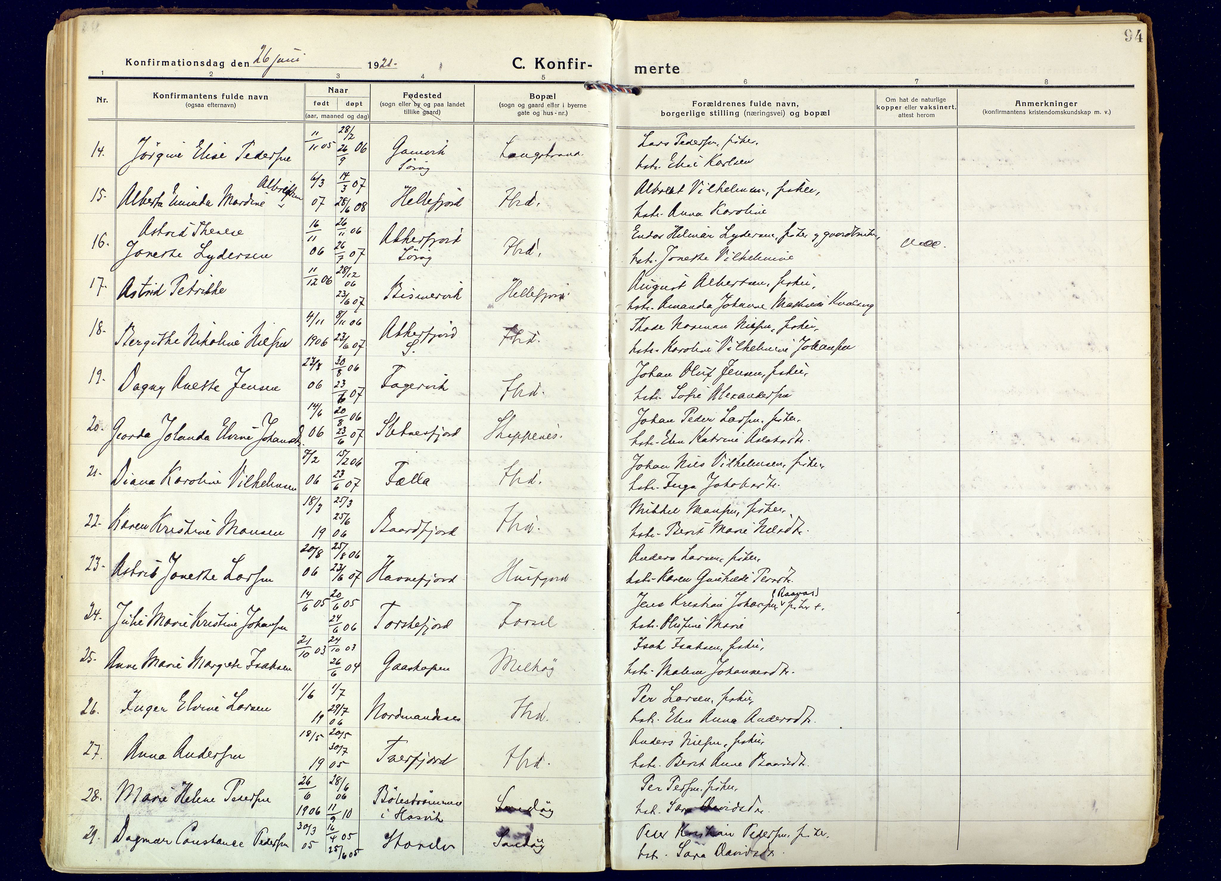 Hammerfest sokneprestkontor, AV/SATØ-S-1347/H/Ha/L0018.kirke: Parish register (official) no. 18, 1918-1933, p. 94