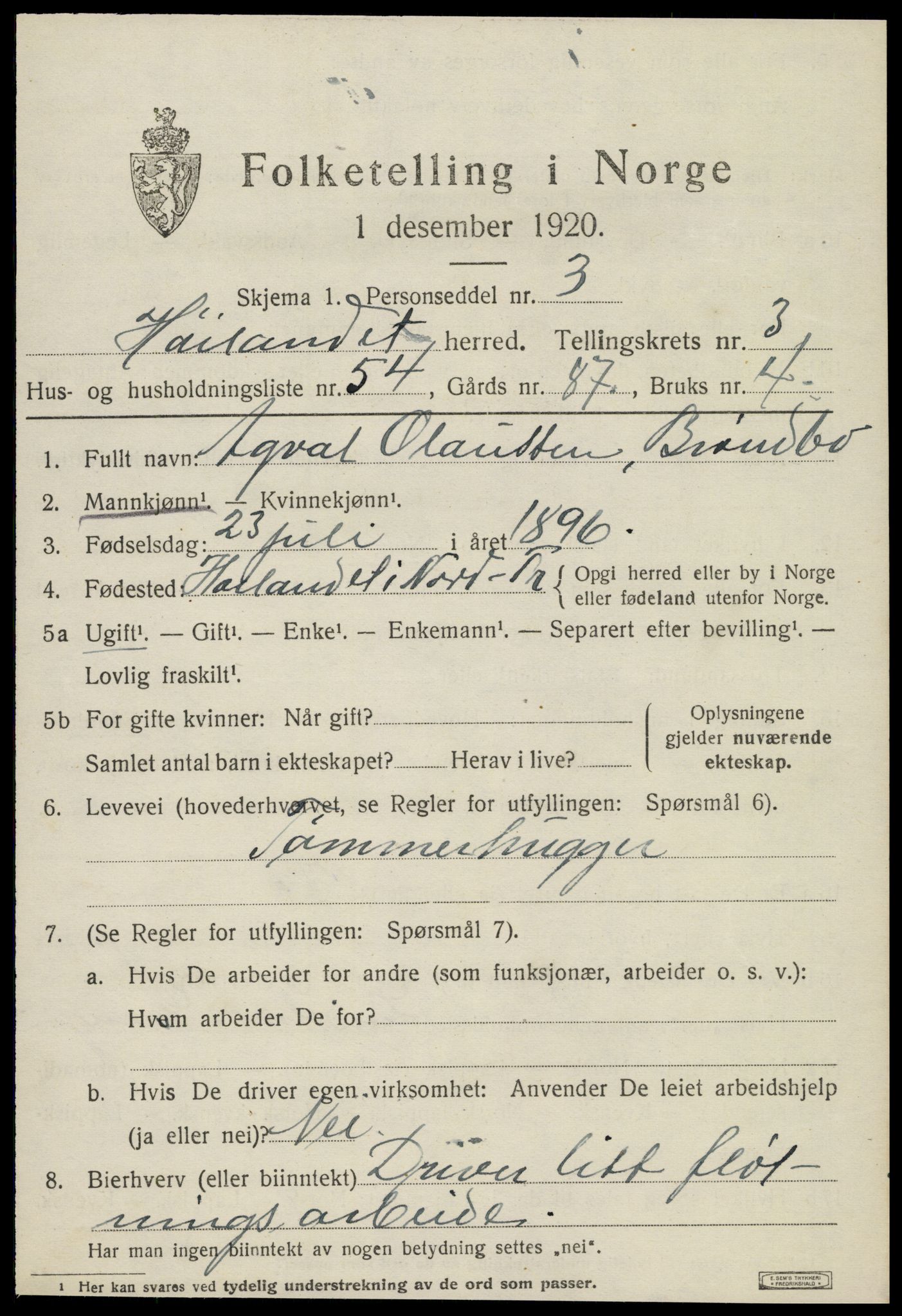 SAT, 1920 census for Høylandet, 1920, p. 2210