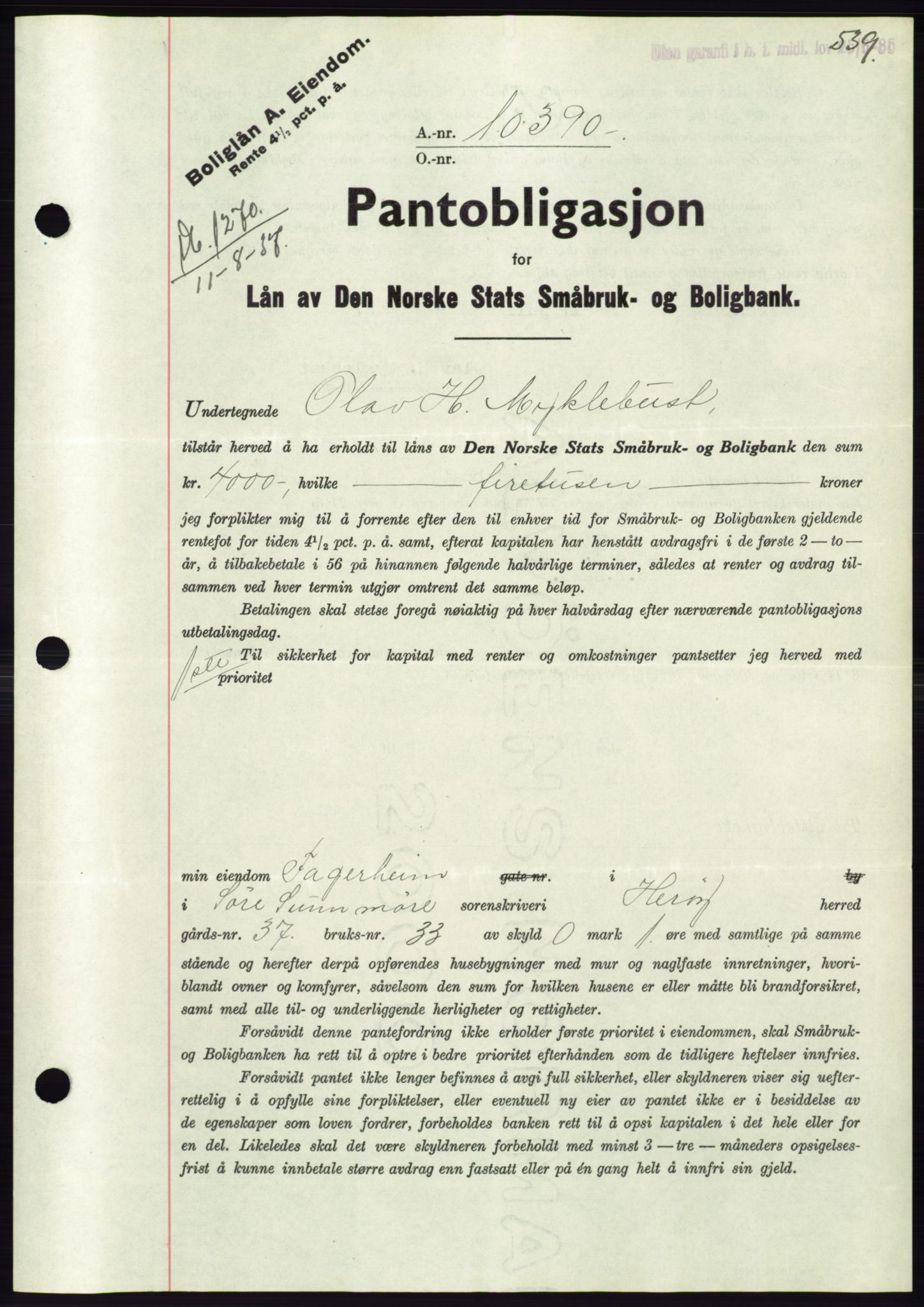 Søre Sunnmøre sorenskriveri, AV/SAT-A-4122/1/2/2C/L0063: Mortgage book no. 57, 1937-1937, Diary no: : 1270/1937