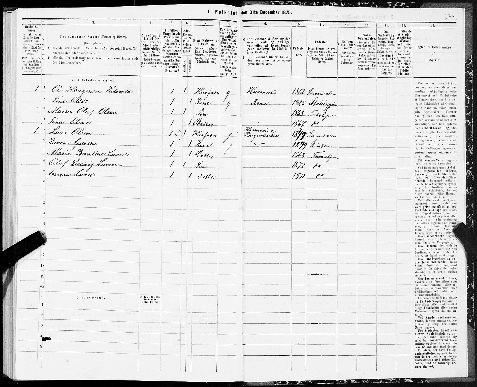 SAT, 1875 census for 1601 Trondheim, 1875, p. 8278