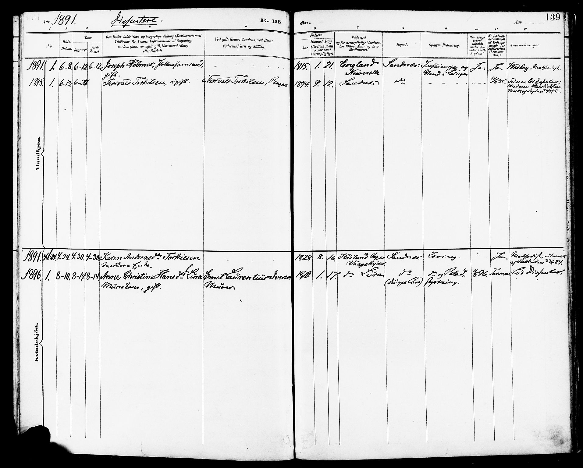 Høyland sokneprestkontor, SAST/A-101799/001/30BA/L0014: Parish register (official) no. A 12, 1890-1898, p. 139