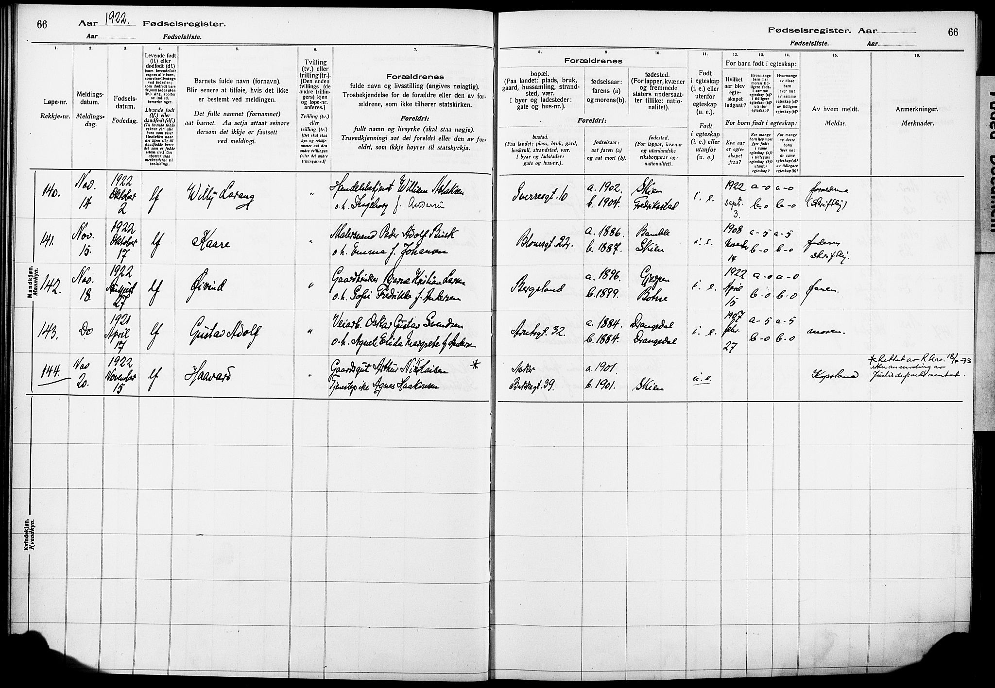 Skien kirkebøker, AV/SAKO-A-302/J/Ja/L0002: Birth register no. 2, 1921-1927, p. 66