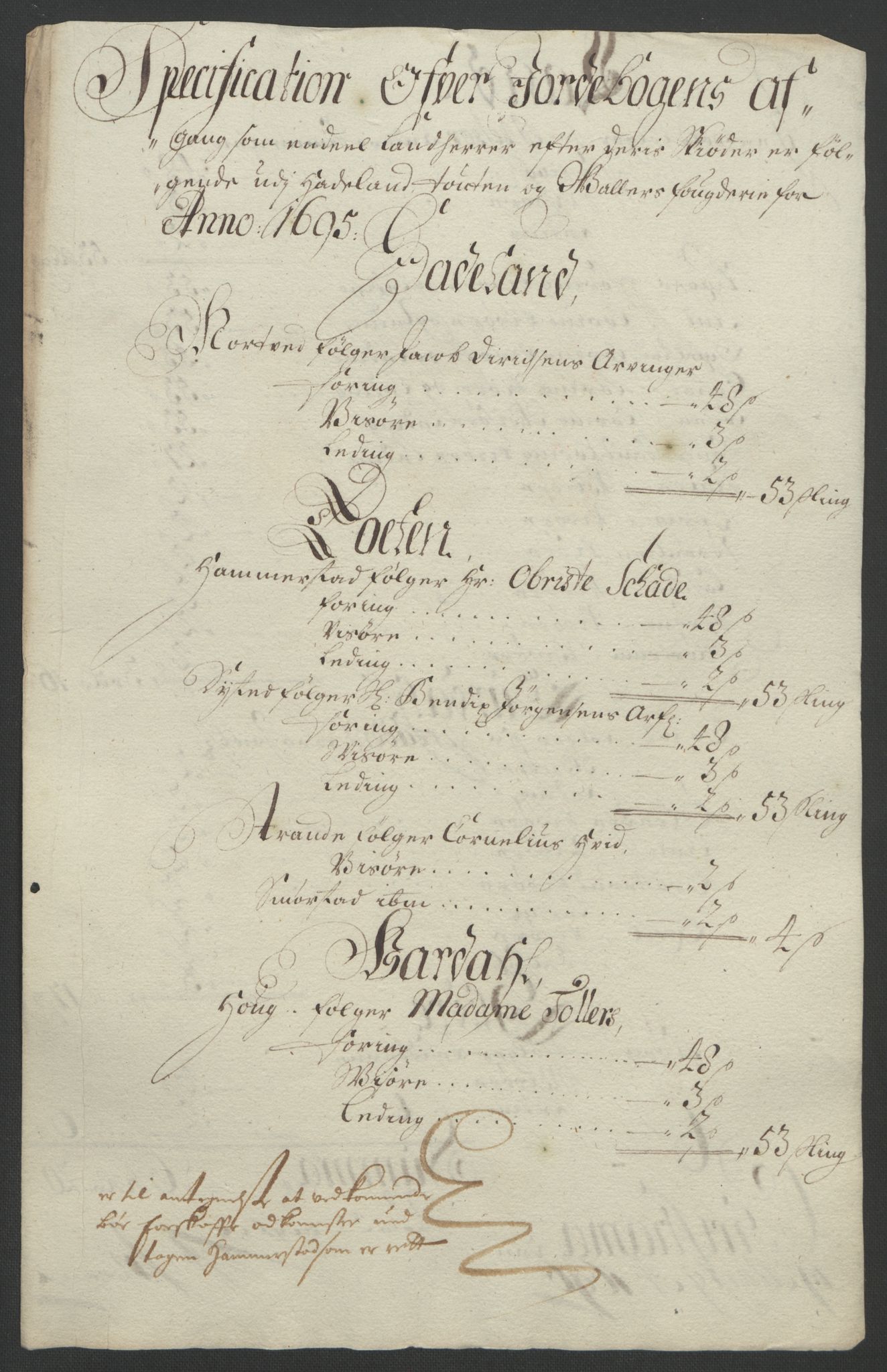 Rentekammeret inntil 1814, Reviderte regnskaper, Fogderegnskap, RA/EA-4092/R18/L1293: Fogderegnskap Hadeland, Toten og Valdres, 1695, p. 166