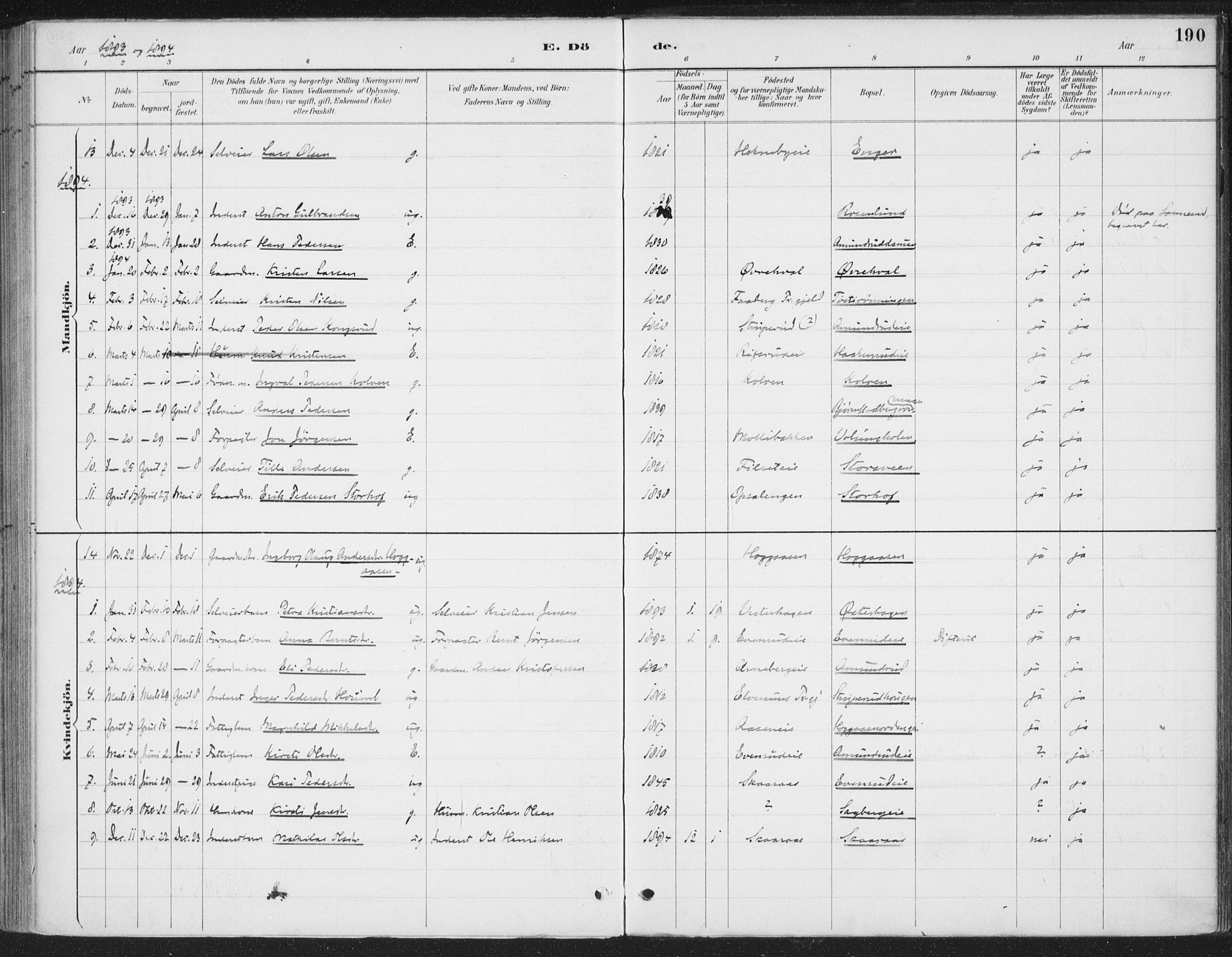 Romedal prestekontor, AV/SAH-PREST-004/K/L0008: Parish register (official) no. 8, 1887-1905, p. 190