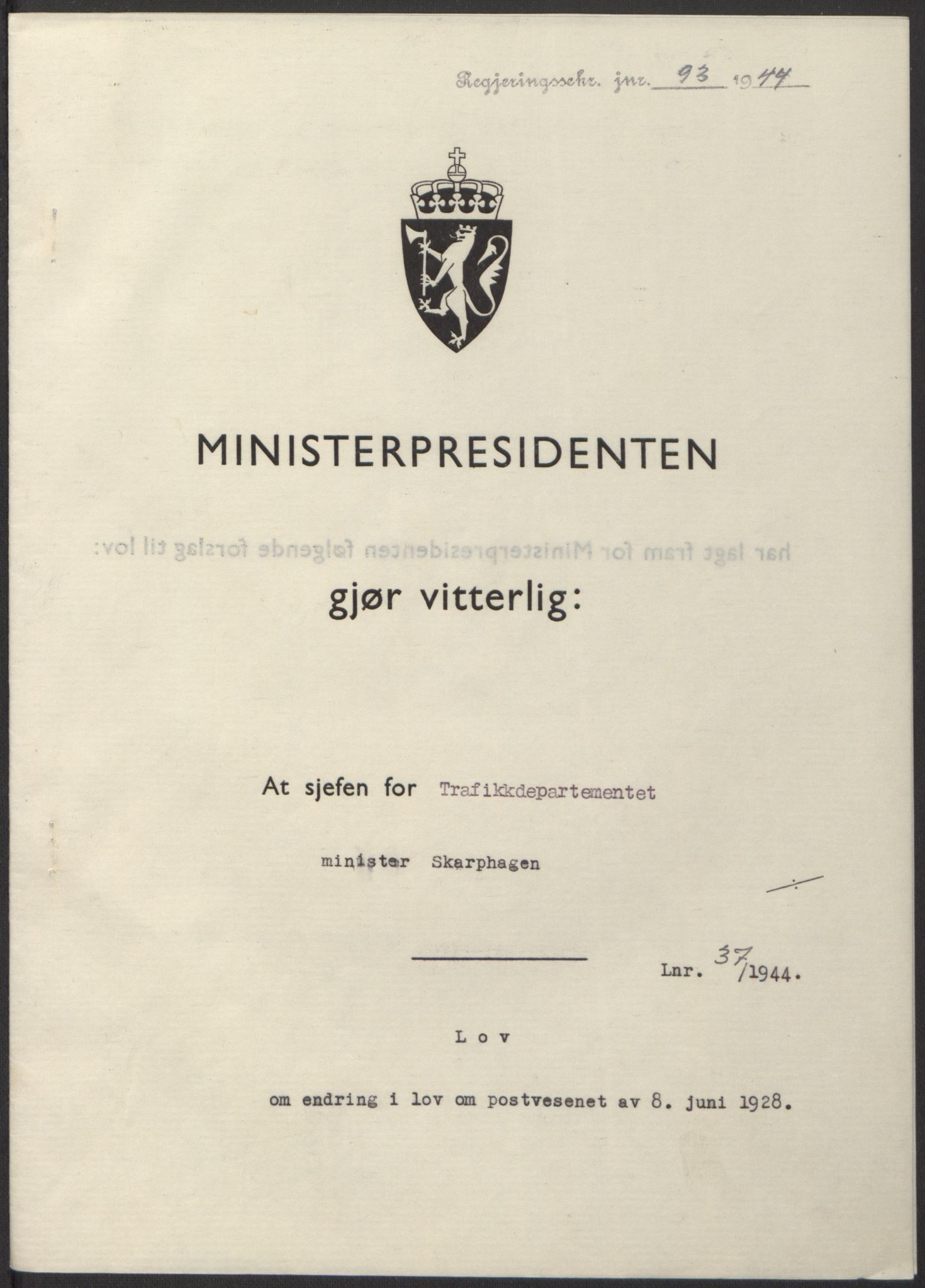 NS-administrasjonen 1940-1945 (Statsrådsekretariatet, de kommisariske statsråder mm), AV/RA-S-4279/D/Db/L0100: Lover, 1944, p. 181