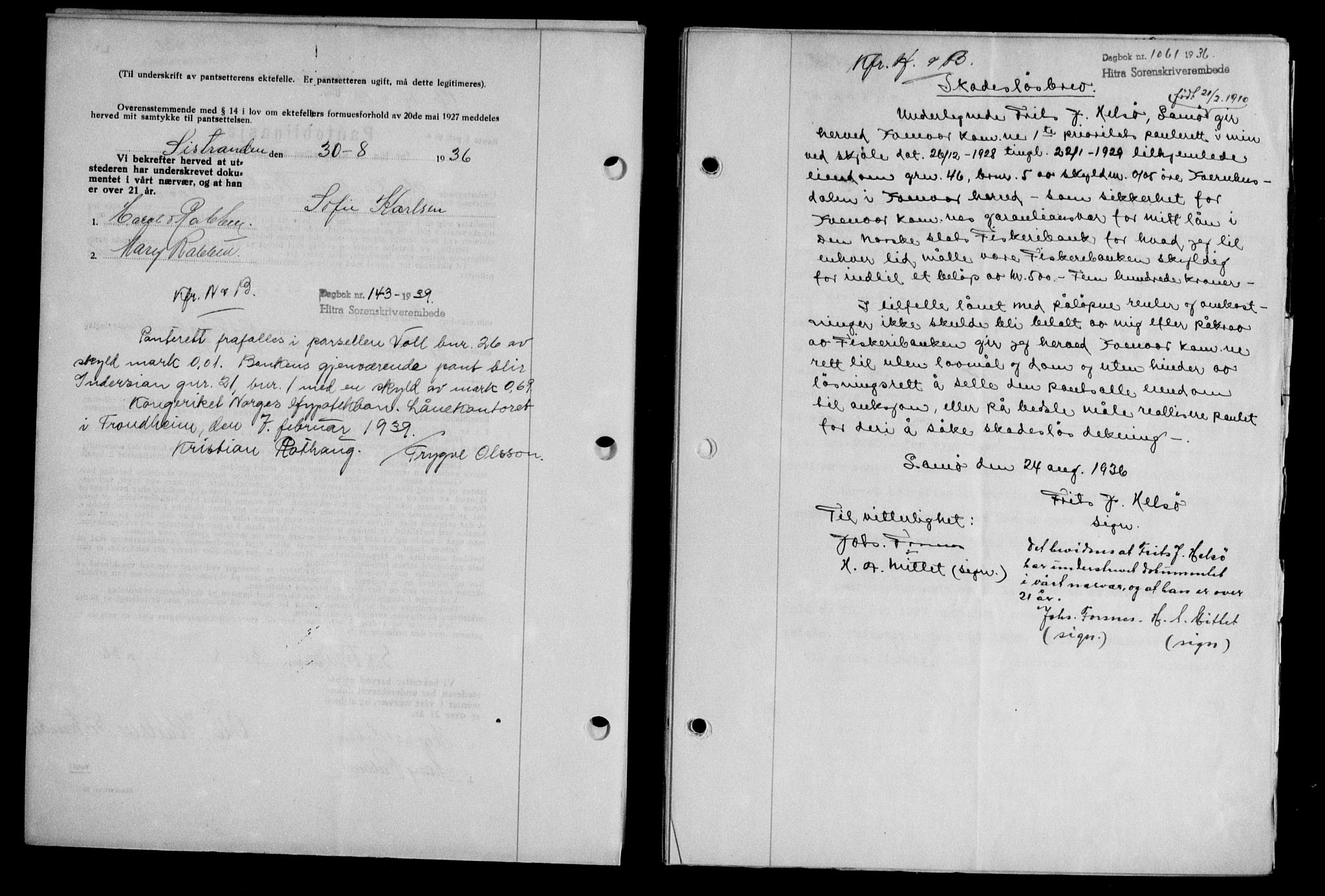 Hitra sorenskriveri, AV/SAT-A-0018/2/2C/2Ca/L0028: Mortgage book no. B-1, 1936-1939, Diary no: : 1061/1936