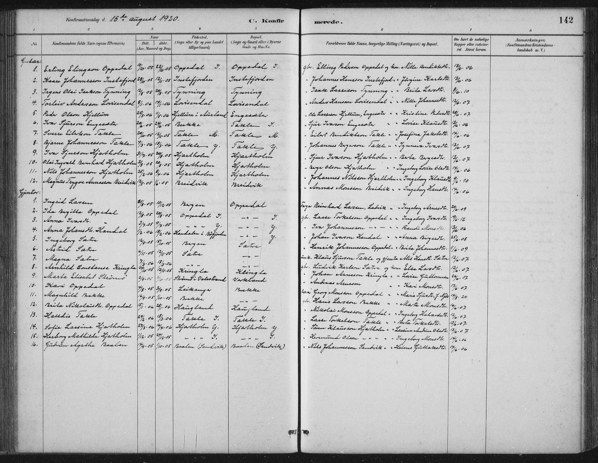 Gulen sokneprestembete, SAB/A-80201/H/Hab/Habc/L0002: Parish register (copy) no. C 2, 1880-1938, p. 142