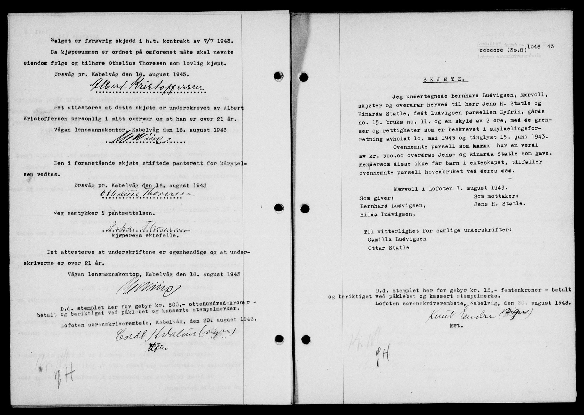 Lofoten sorenskriveri, SAT/A-0017/1/2/2C/L0011a: Mortgage book no. 11a, 1943-1943, Diary no: : 1046/1943