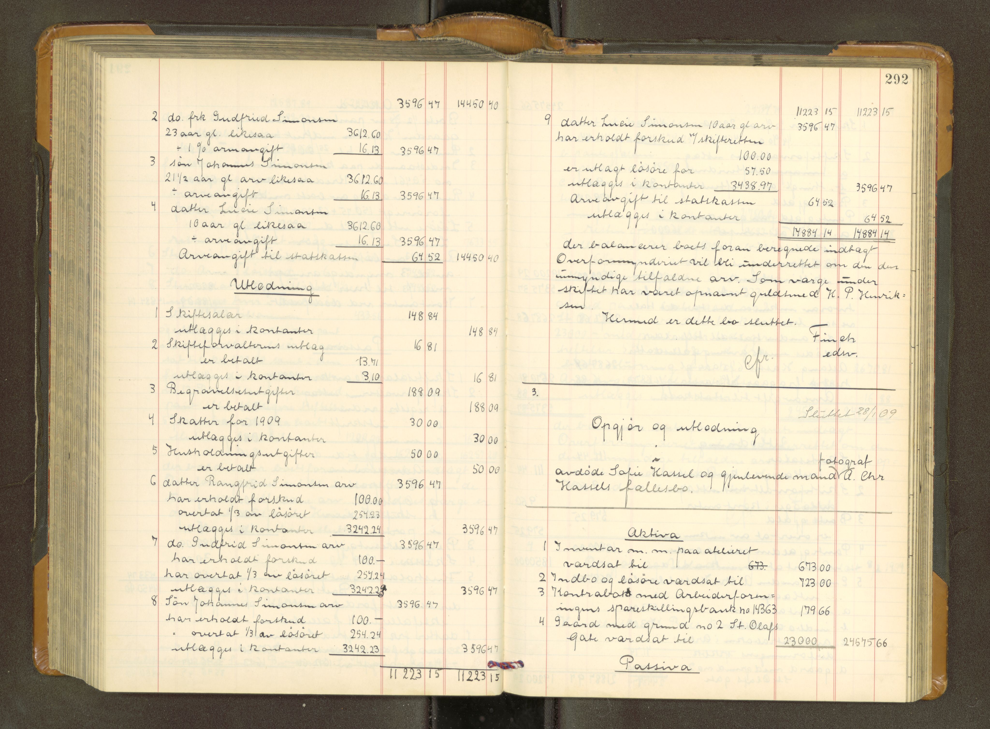 Trondheim byfogd, AV/SAT-A-0003/1/3/3A/L0039: Skifteutlodningsprotokoll - 3/11-2/2. U, 1906-1910, p. 292