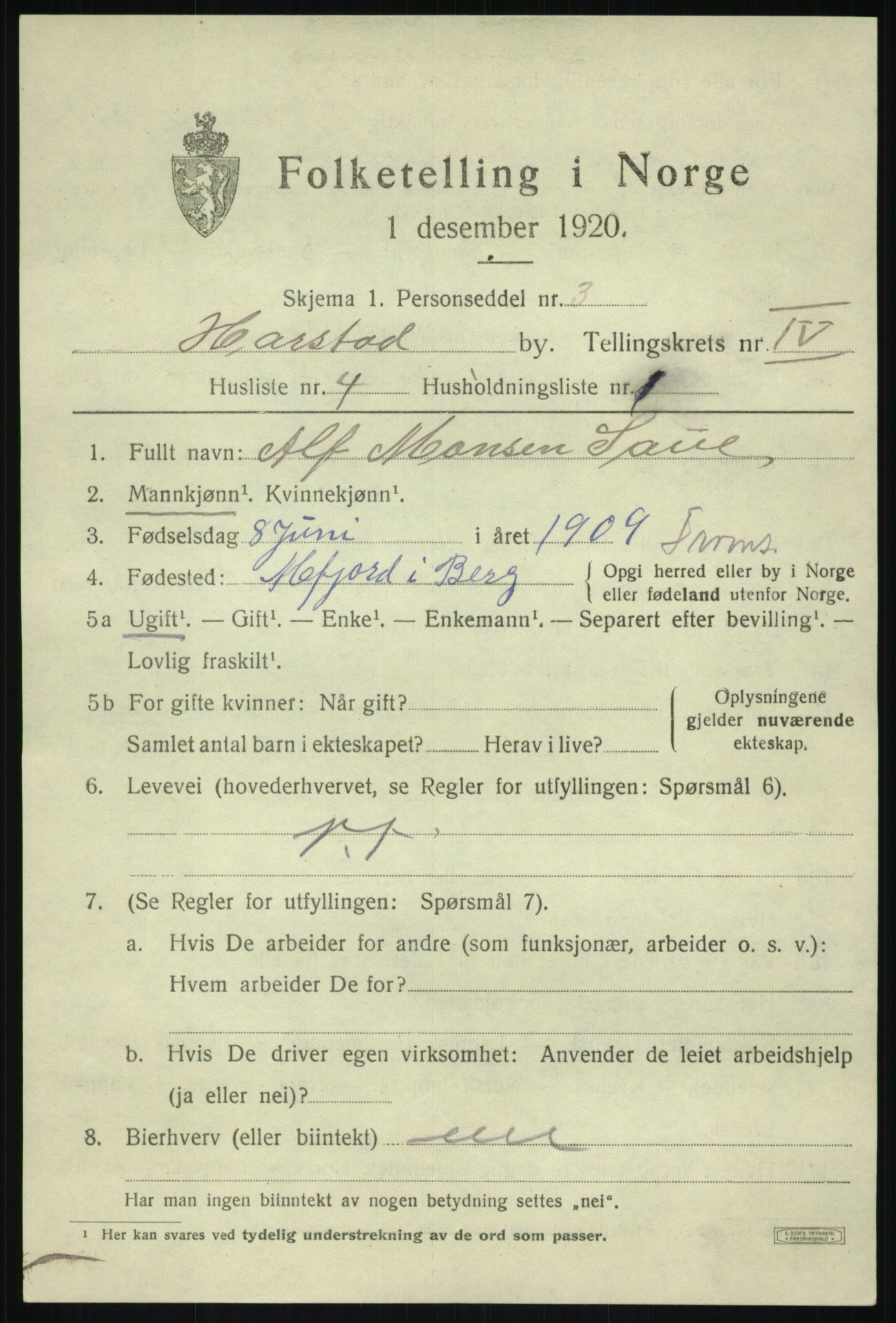 SATØ, 1920 census for Harstad, 1920, p. 5202