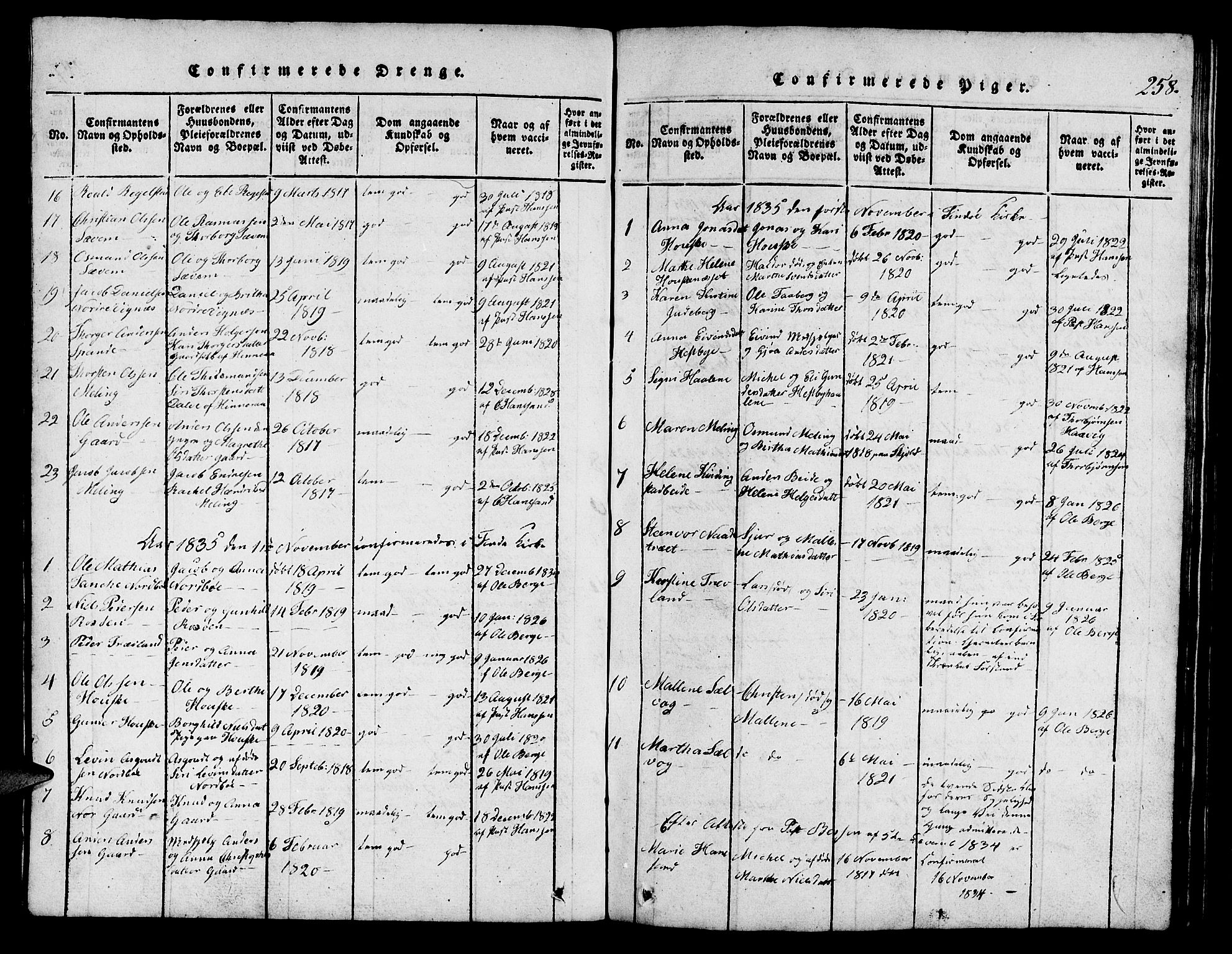 Finnøy sokneprestkontor, AV/SAST-A-101825/H/Ha/Hab/L0001: Parish register (copy) no. B 1, 1816-1856, p. 258