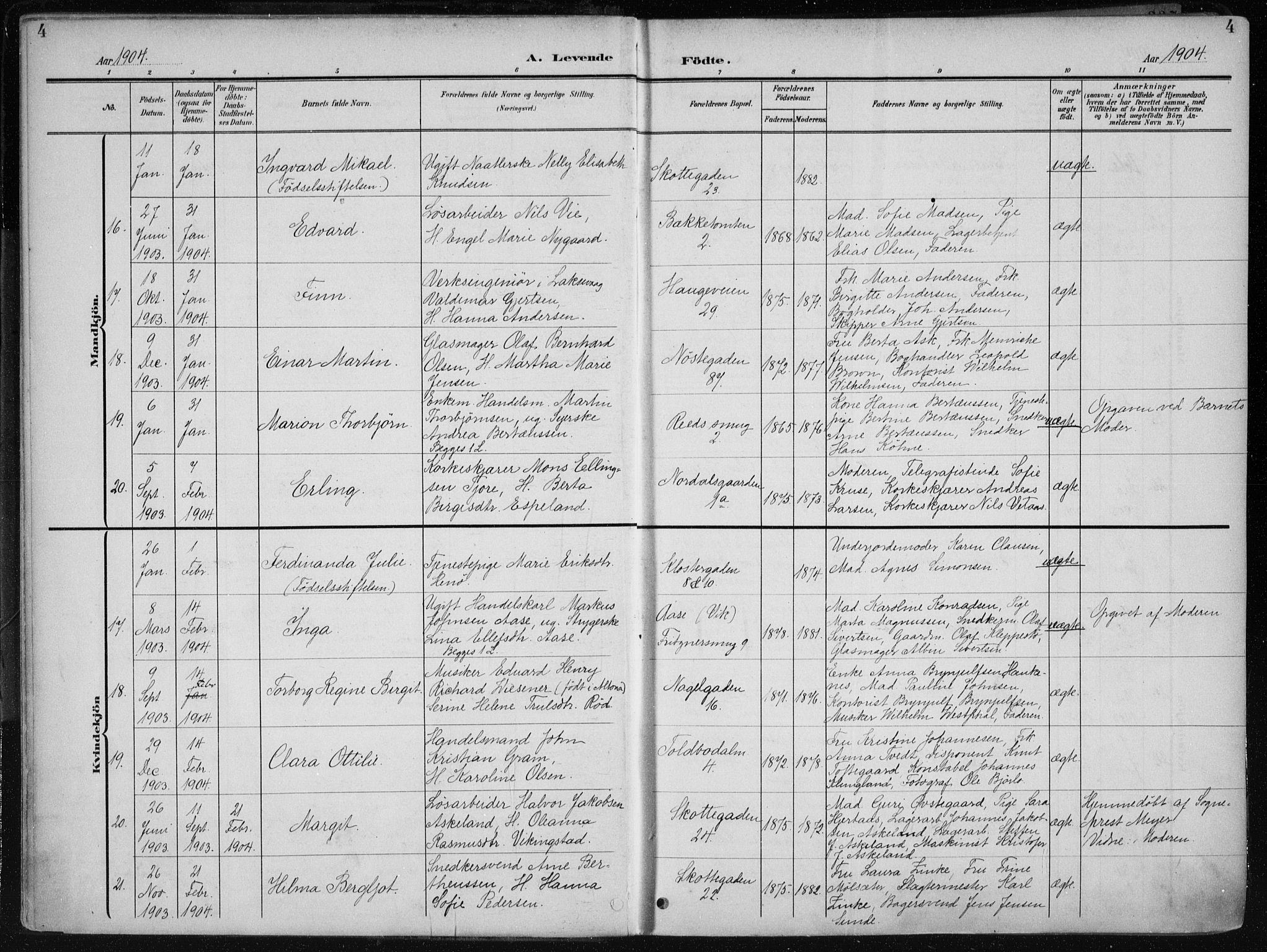 Nykirken Sokneprestembete, AV/SAB-A-77101/H/Haa/L0019: Parish register (official) no. B 7, 1904-1916, p. 4