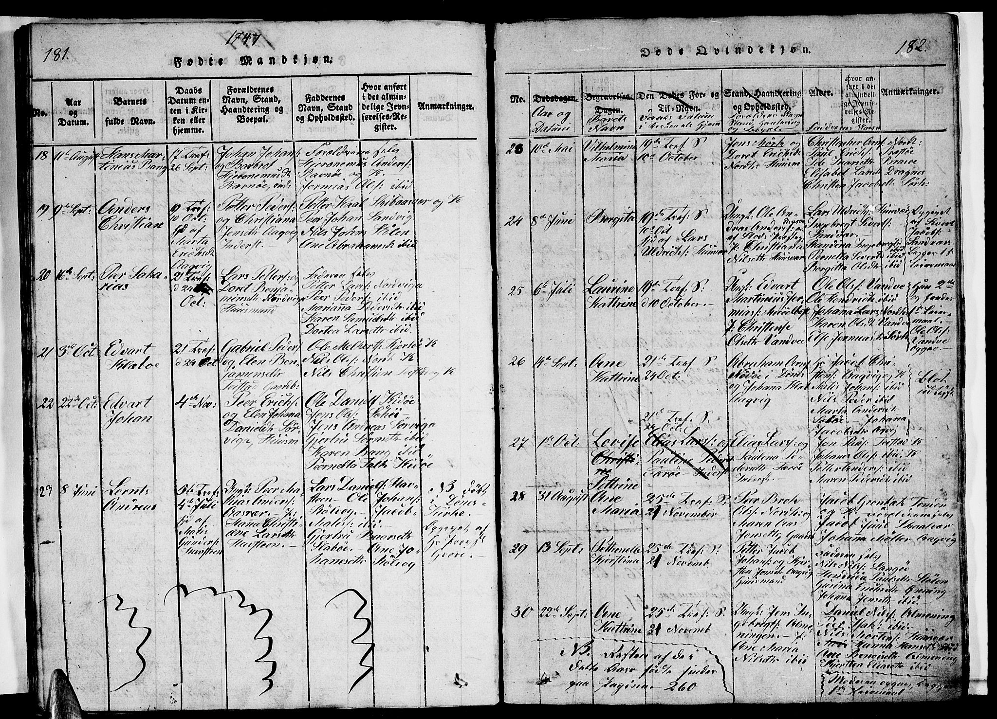 Ministerialprotokoller, klokkerbøker og fødselsregistre - Nordland, AV/SAT-A-1459/834/L0510: Parish register (copy) no. 834C01, 1820-1847, p. 181-182