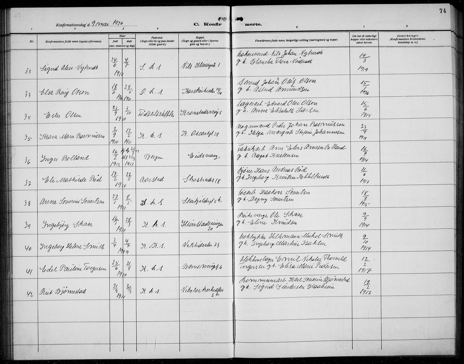 Korskirken sokneprestembete, AV/SAB-A-76101/H/Hab: Parish register (copy) no. C 6, 1918-1941, p. 74