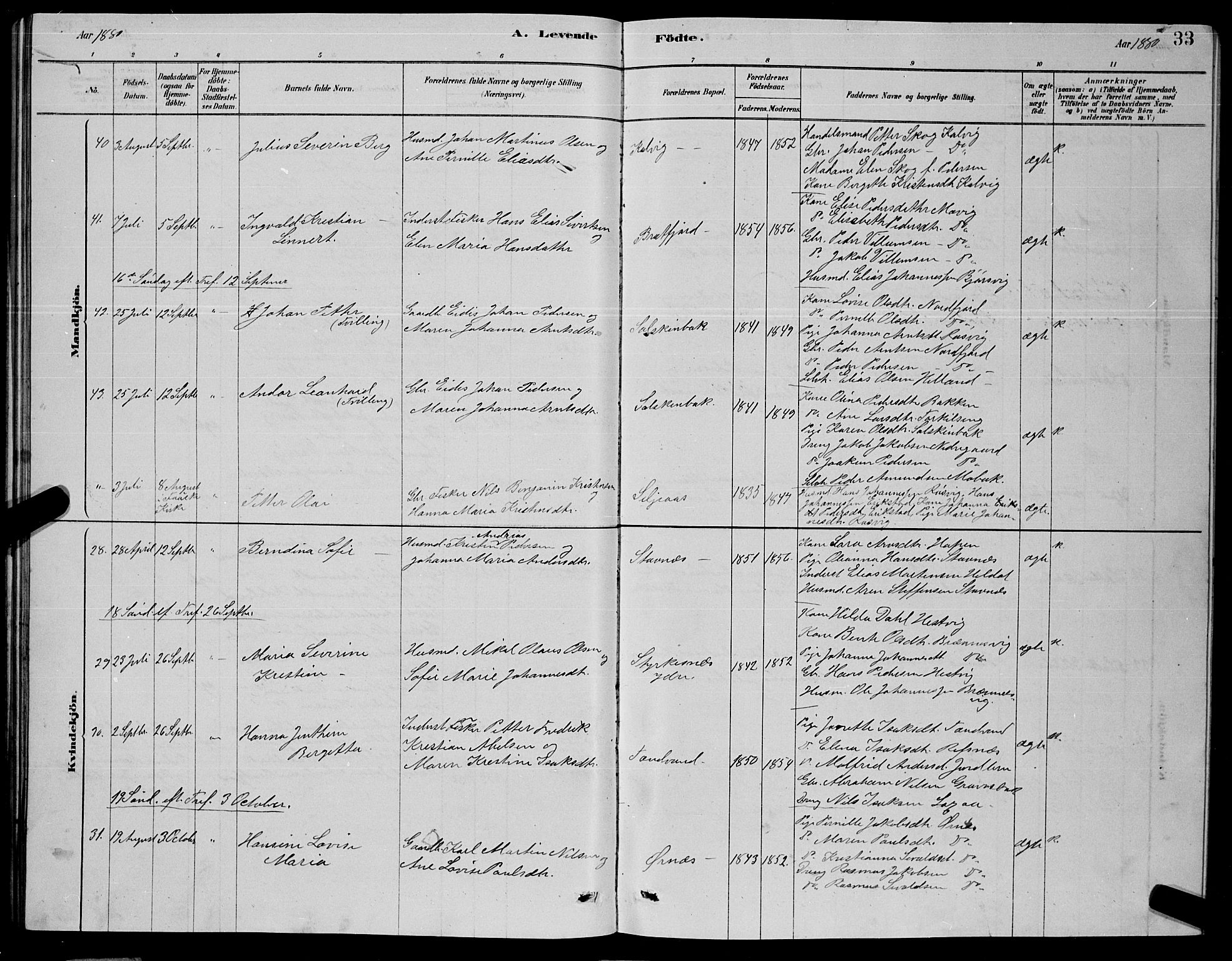 Ministerialprotokoller, klokkerbøker og fødselsregistre - Nordland, AV/SAT-A-1459/853/L0776: Parish register (copy) no. 853C04, 1878-1889, p. 33