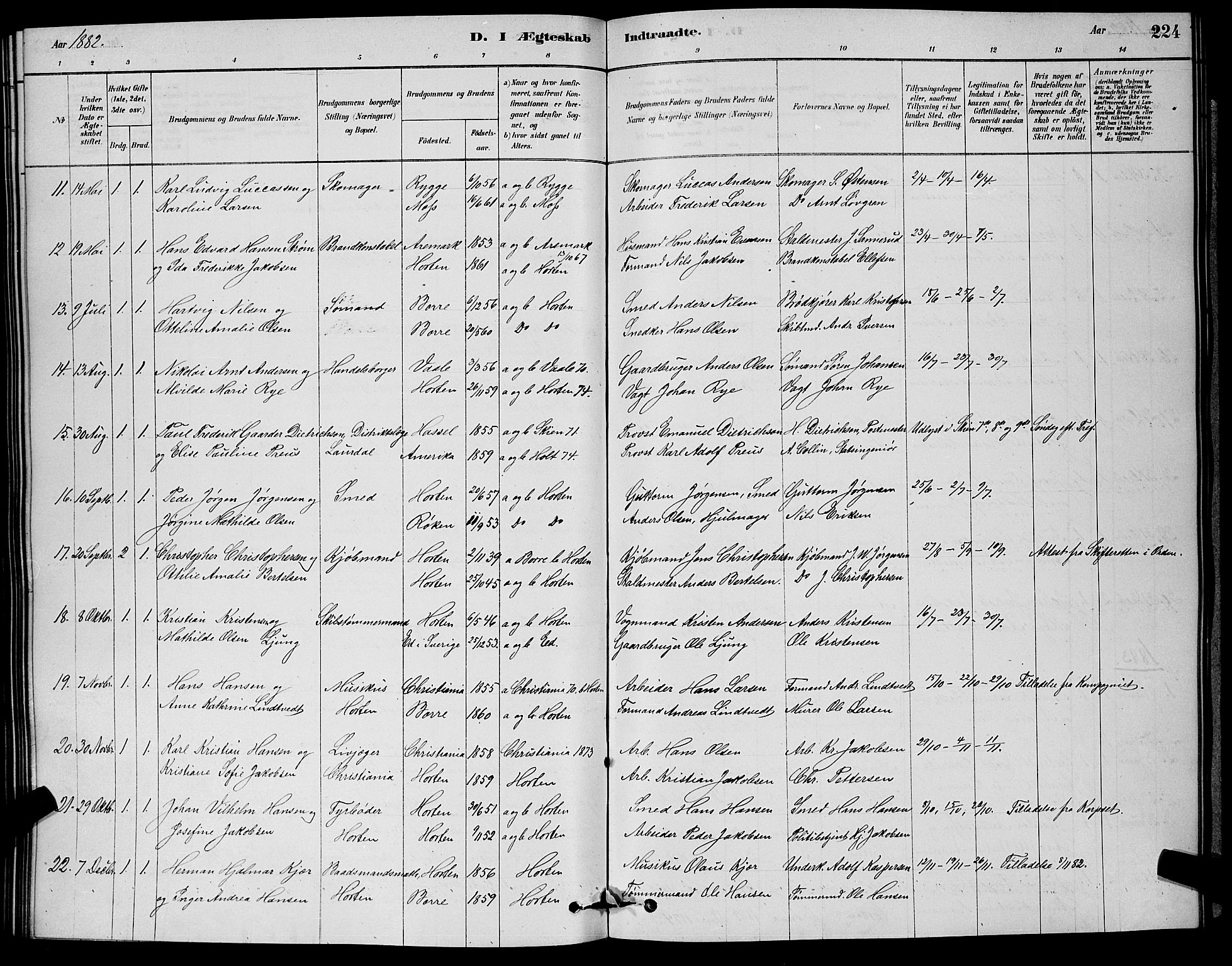 Horten kirkebøker, AV/SAKO-A-348/G/Ga/L0003: Parish register (copy) no. 4, 1878-1887, p. 224