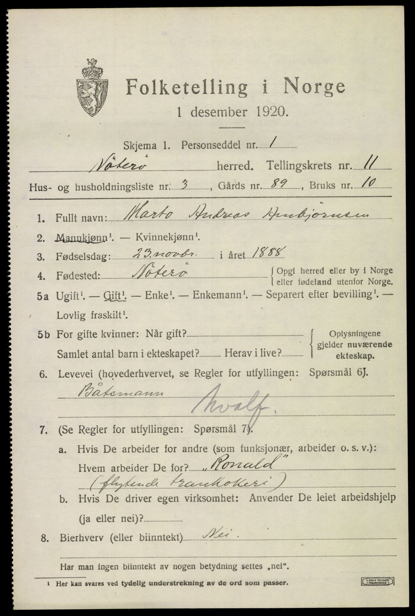 SAKO, 1920 census for Nøtterøy, 1920, p. 13587