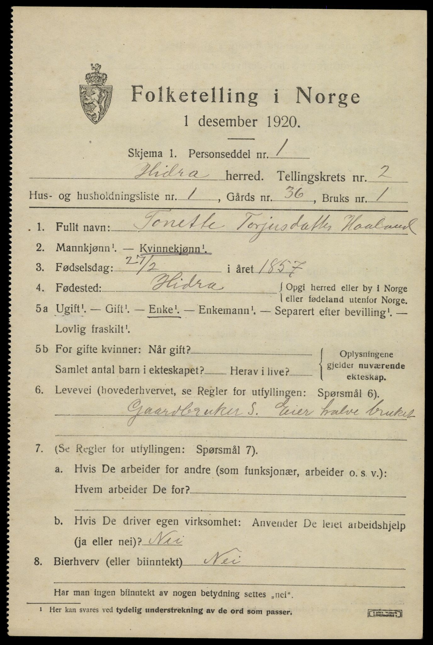 SAK, 1920 census for Hidra, 1920, p. 1162