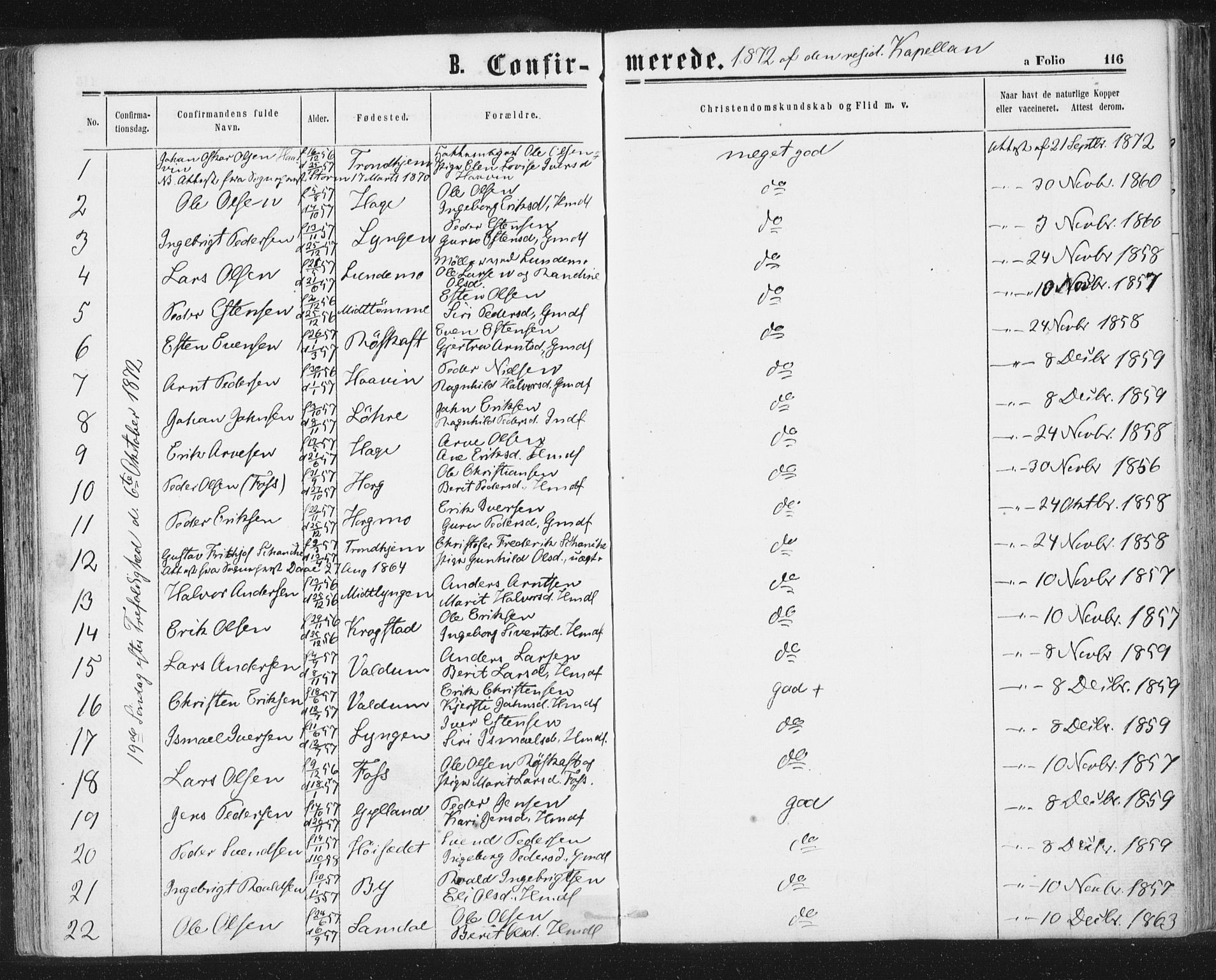 Ministerialprotokoller, klokkerbøker og fødselsregistre - Sør-Trøndelag, SAT/A-1456/692/L1104: Parish register (official) no. 692A04, 1862-1878, p. 116