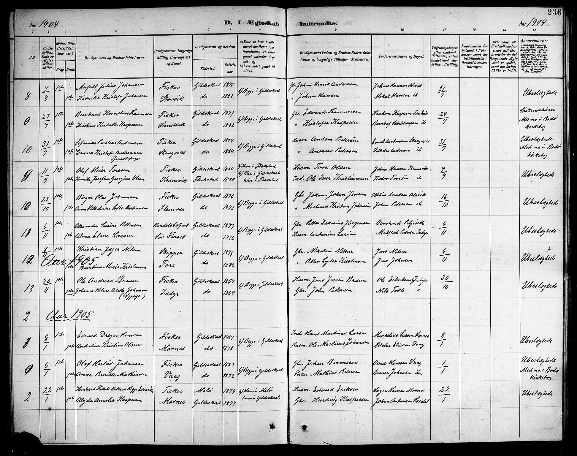 Ministerialprotokoller, klokkerbøker og fødselsregistre - Nordland, AV/SAT-A-1459/805/L0109: Parish register (copy) no. 805C05, 1900-1911, p. 236