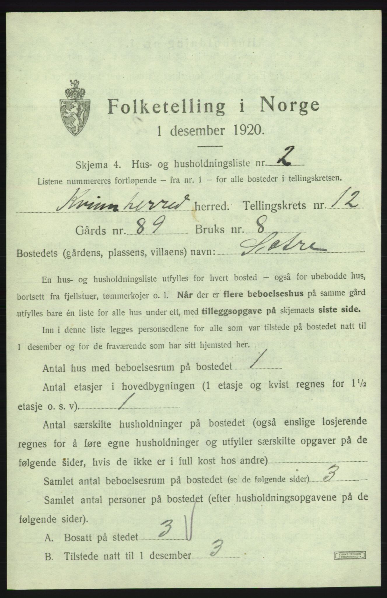 SAB, 1920 census for Kvinnherad, 1920, p. 1257