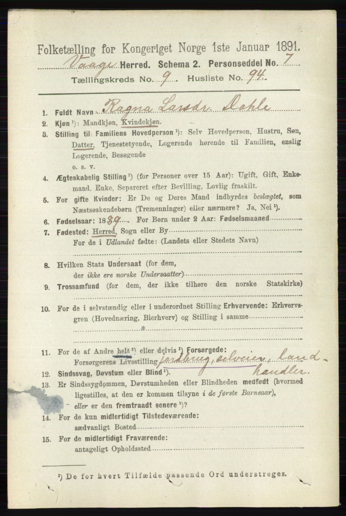 RA, 1891 census for 0515 Vågå, 1891, p. 6119