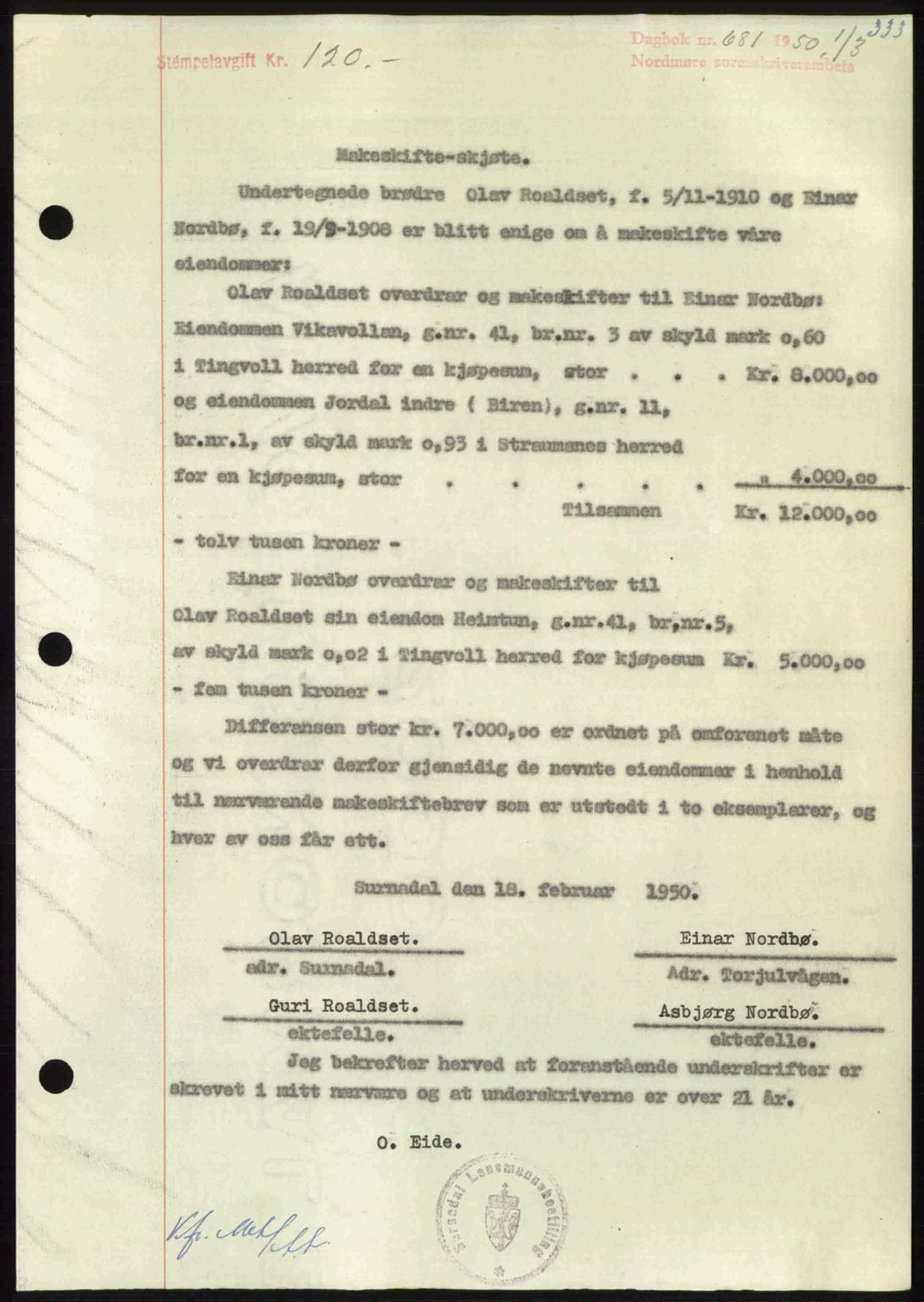 Nordmøre sorenskriveri, AV/SAT-A-4132/1/2/2Ca: Mortgage book no. A114, 1950-1950, Diary no: : 681/1950