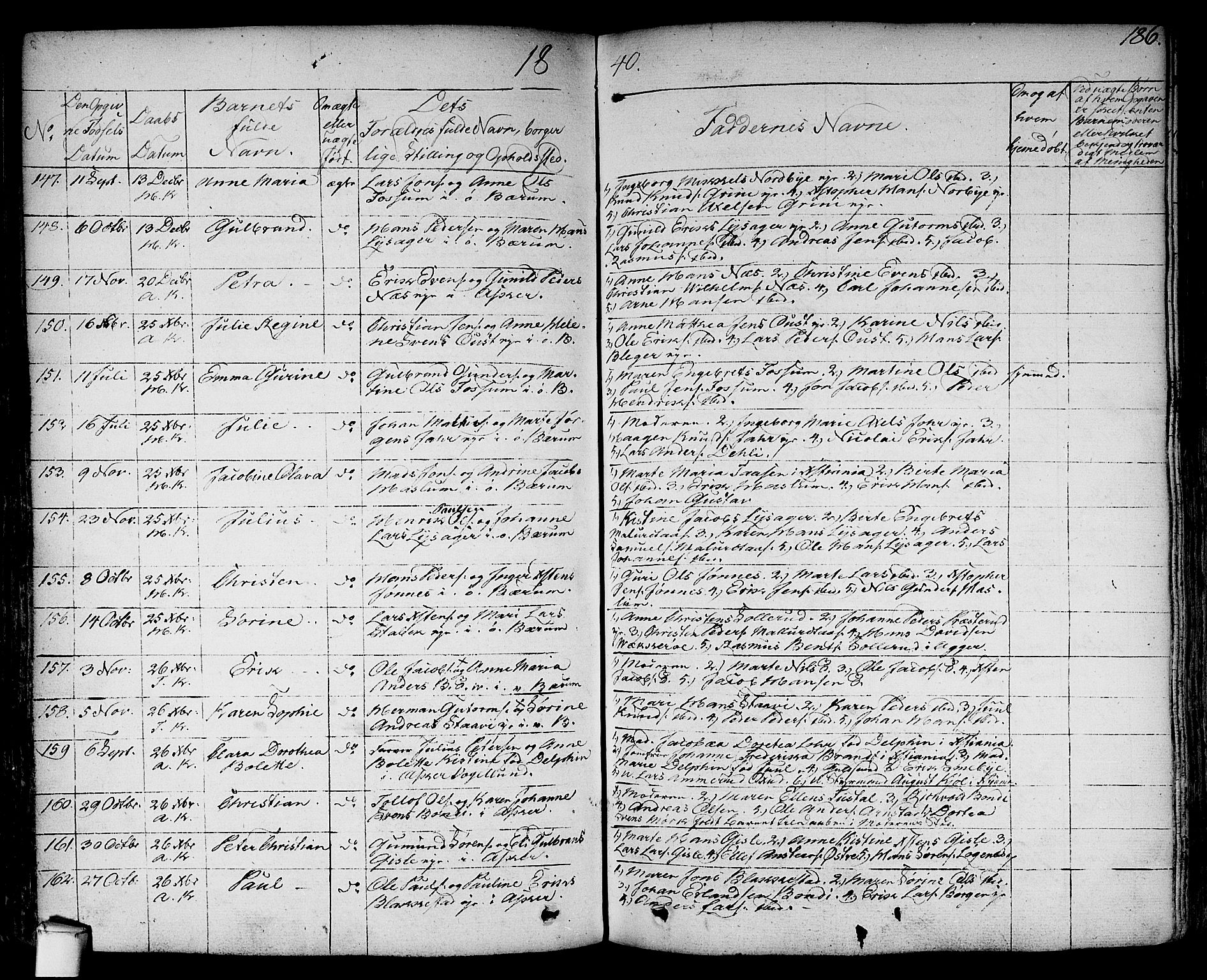 Asker prestekontor Kirkebøker, SAO/A-10256a/F/Fa/L0007: Parish register (official) no. I 7, 1825-1864, p. 186